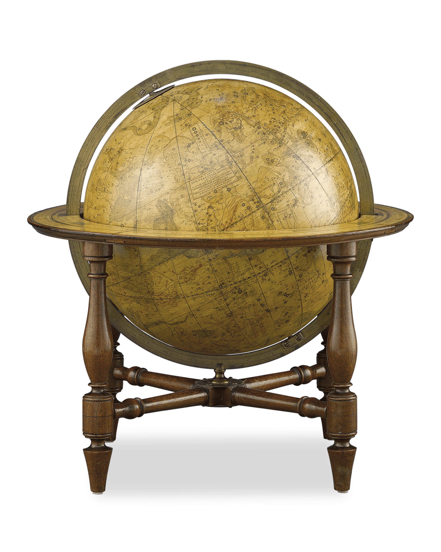 A sea of constellations are visible under the warm patina of the celestial globe