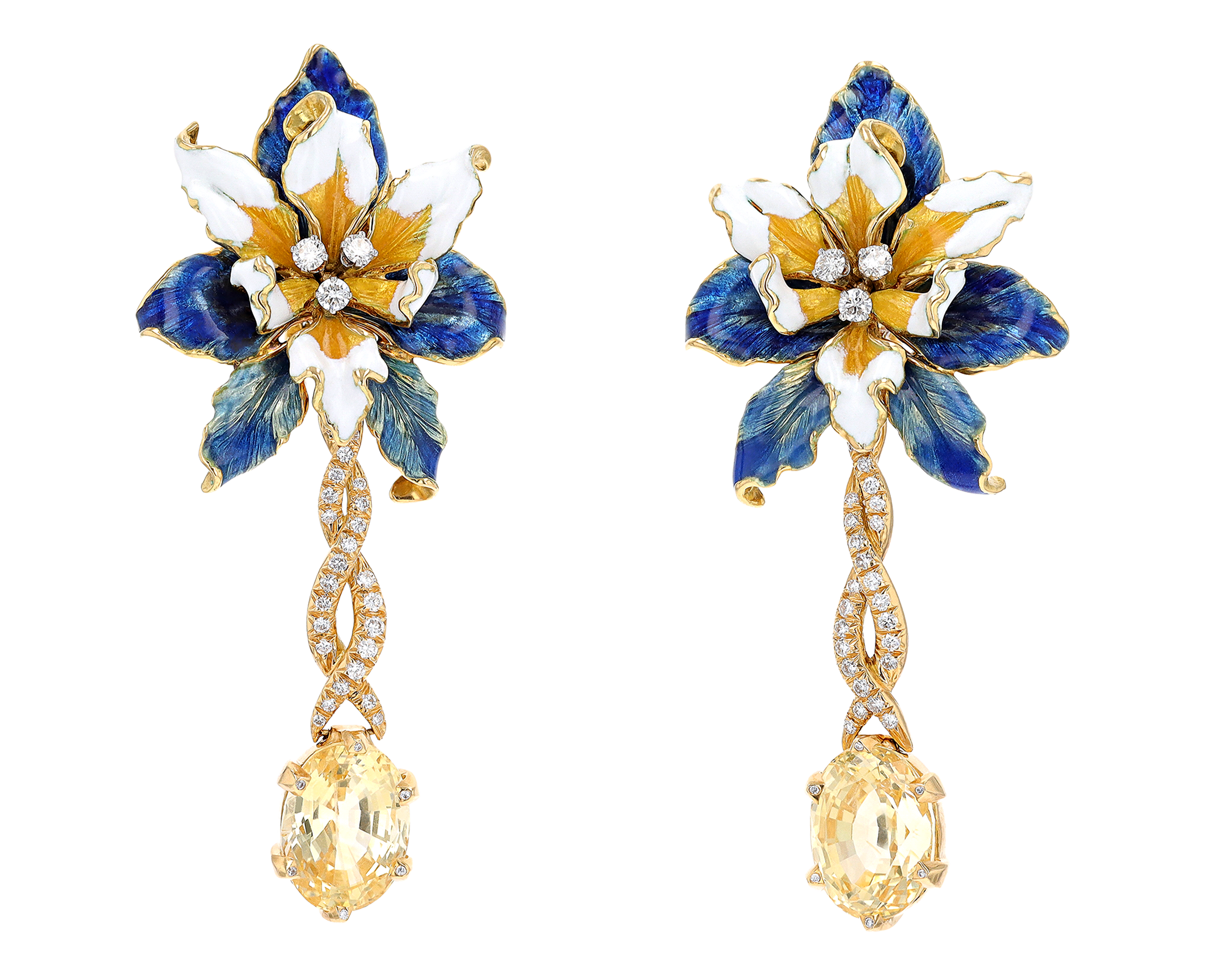 David Webb Yellow Sapphire and Enamel Orchid Earrings