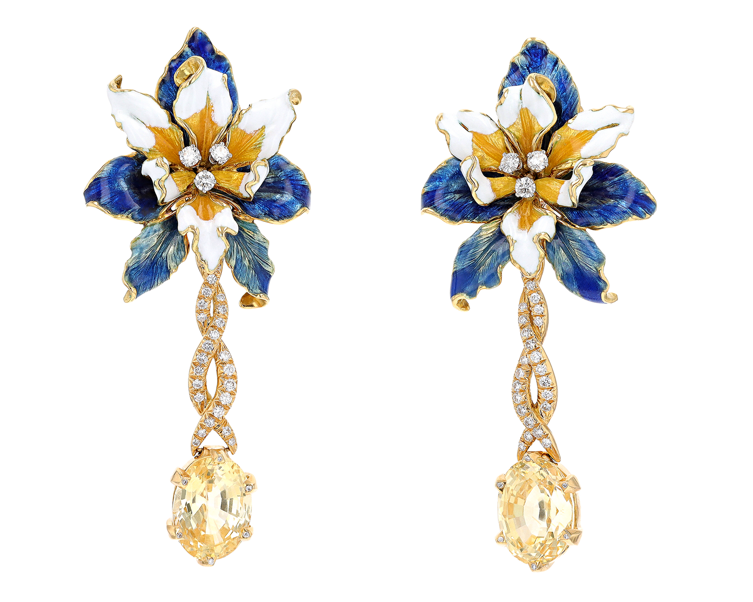 David Webb Yellow Sapphire and Enamel Orchid Earrings