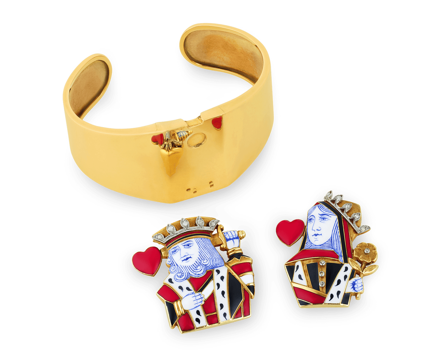 Cartier Playing Card Brooches and Gold Cuff