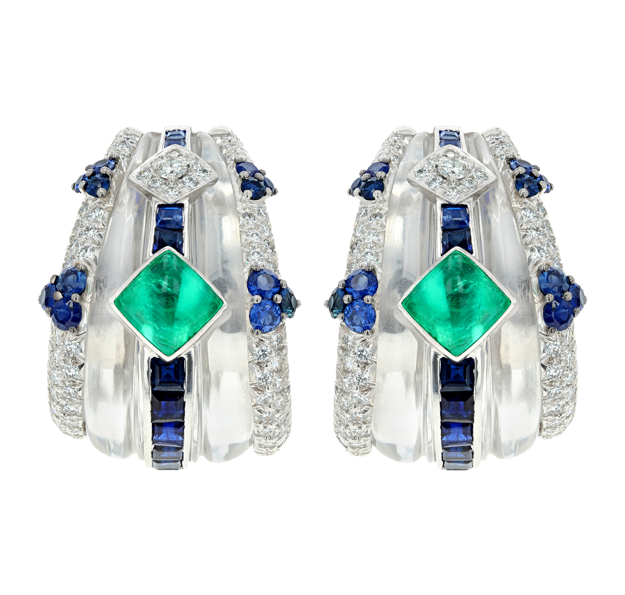 David Webb Emerald, Sapphire and Diamond Earrings