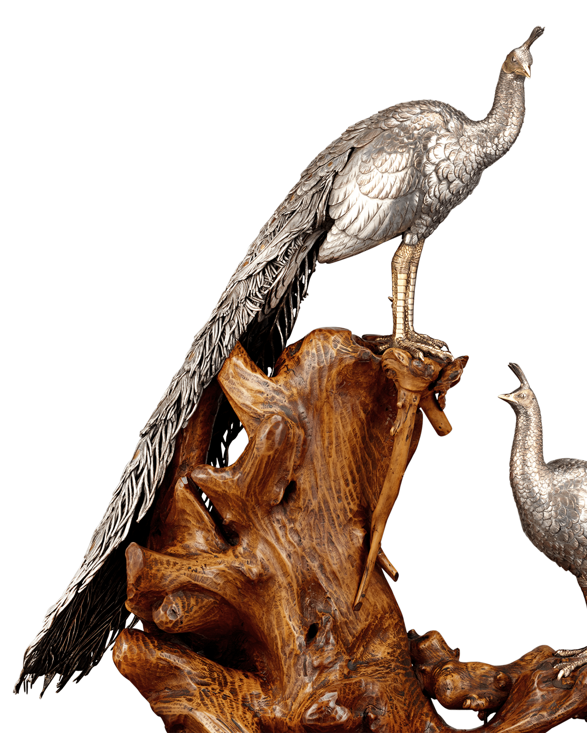 Pair of Meiji Period Bronze Birds on Driftwood Base