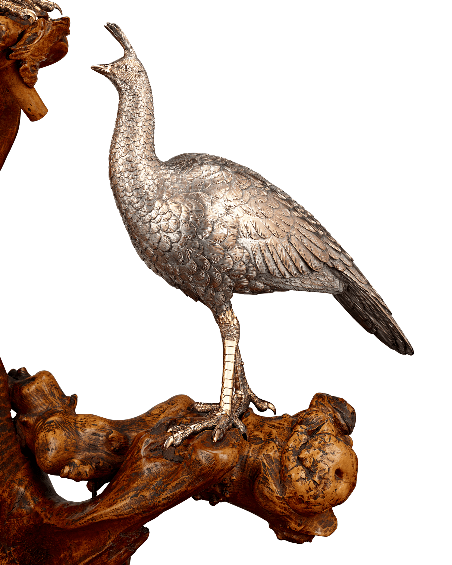 Pair of Meiji Period Bronze Birds on Driftwood Base
