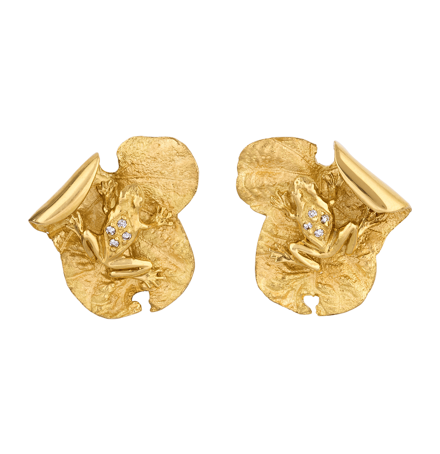 Frog and Lily Pad Gold and Diamond Earrings