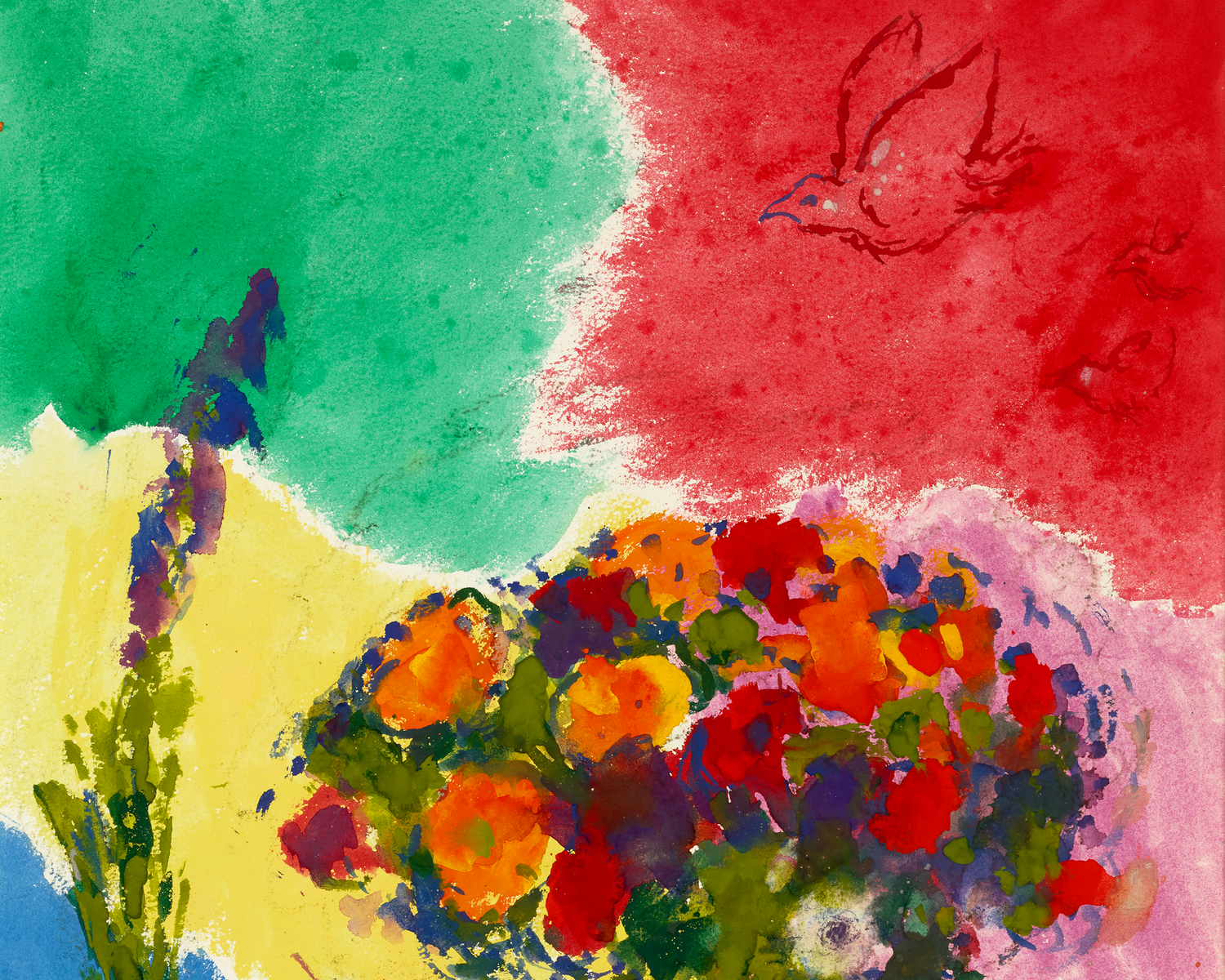 Les fleurs des amoureux sur fond multicolore by Marc Chagall