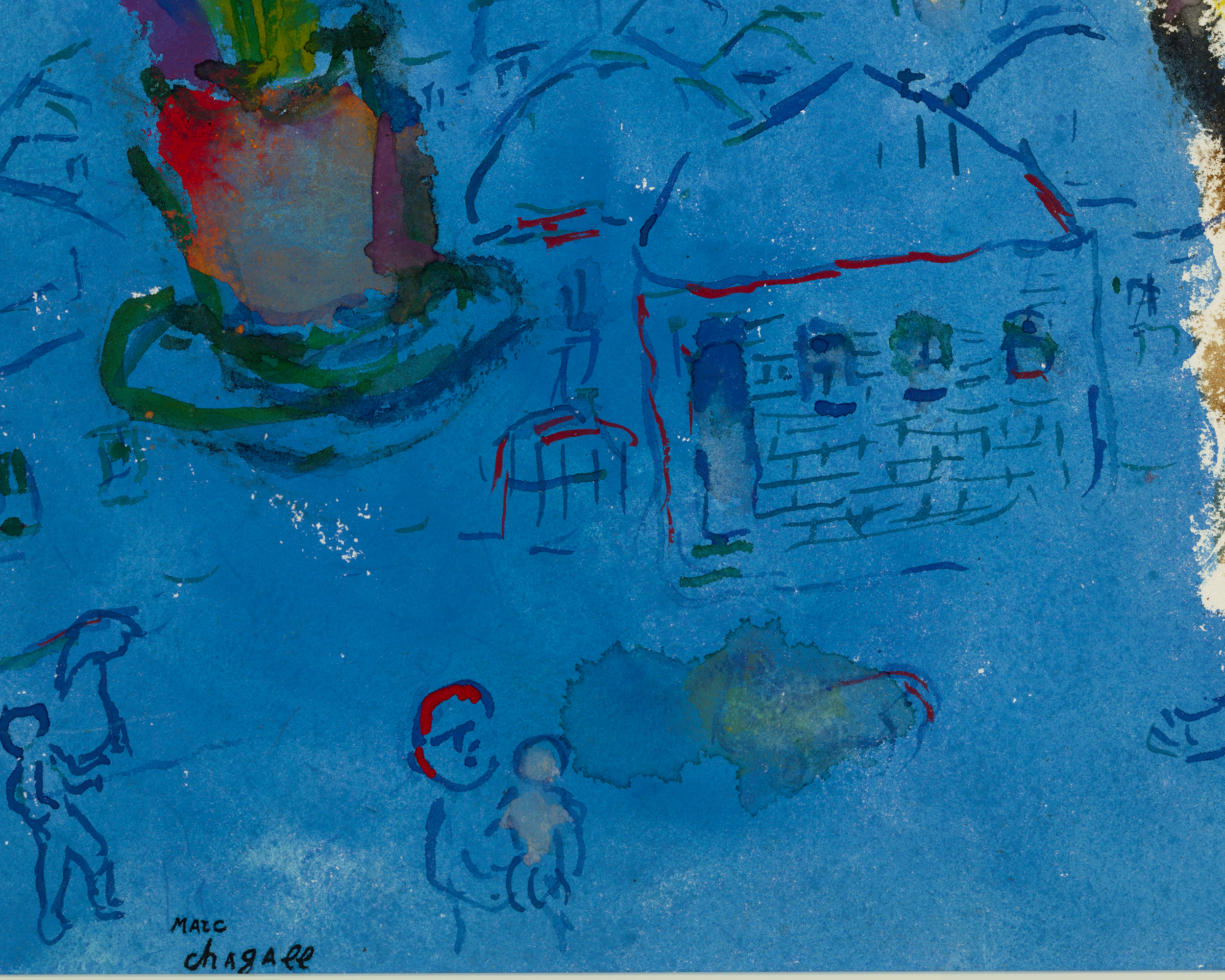 Les fleurs des amoureux sur fond multicolore by Marc Chagall