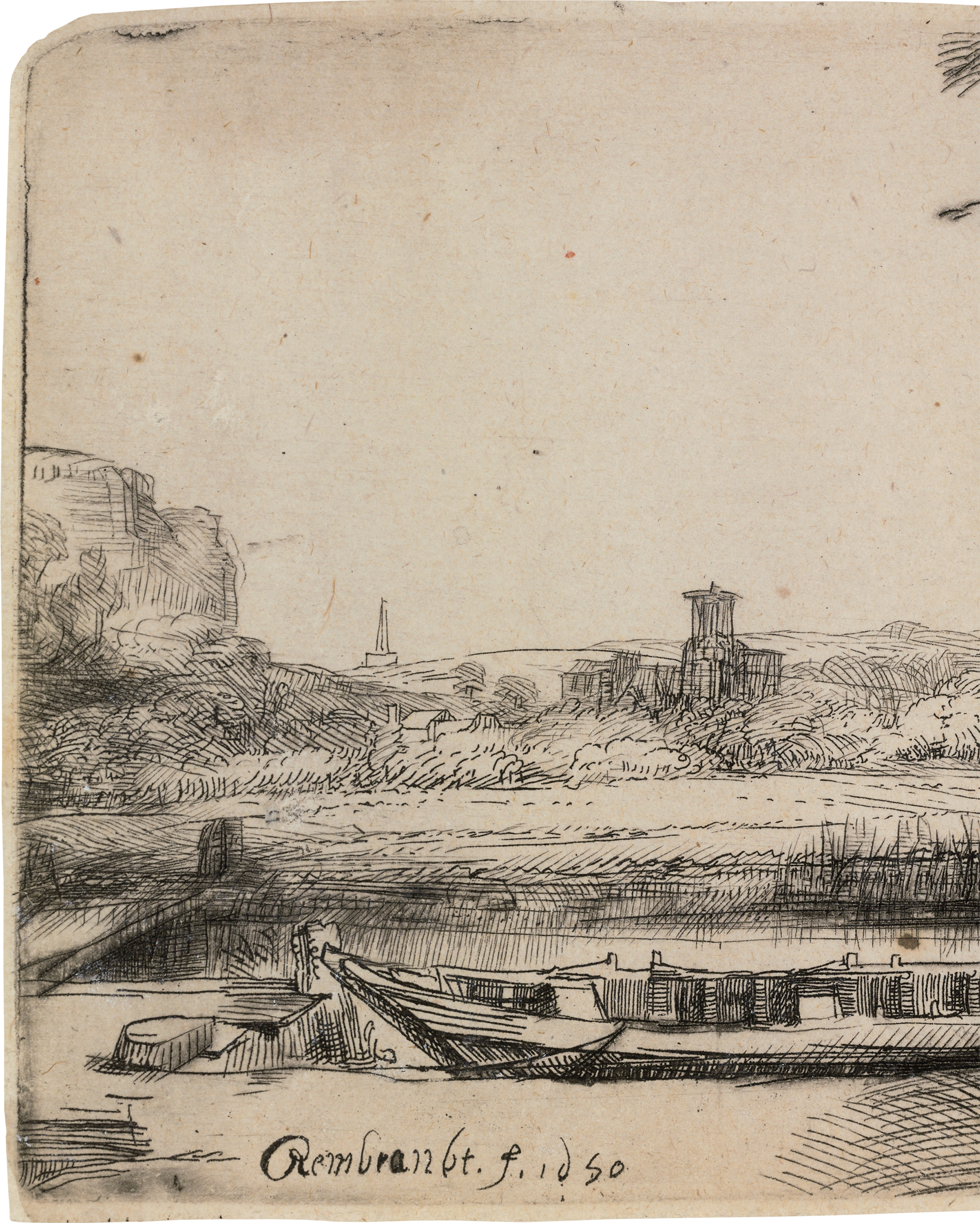 Canal with Large Boat and Bridge by Rembrandt van Rijn