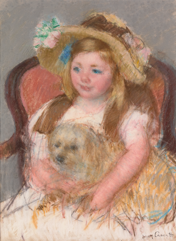 Smiling Sara in a Big Hat Holding Her Dog by Mary Cassatt