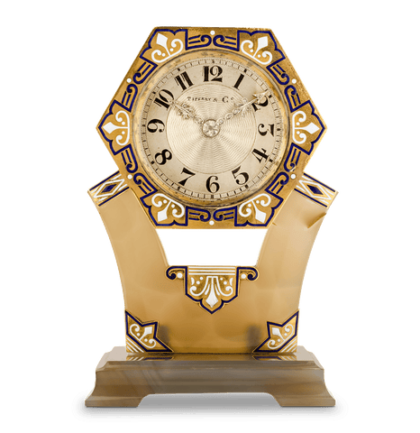 Tiffany & Co. Art Deco Carved Agate, Enamel and Diamond Clock