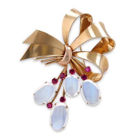 Tiffany & Co. Moonstone and Ruby Bow Brooch