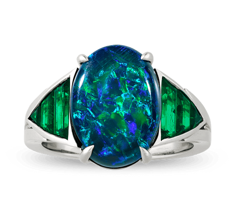 Oscar Heyman Black Opal and Emerald Ring