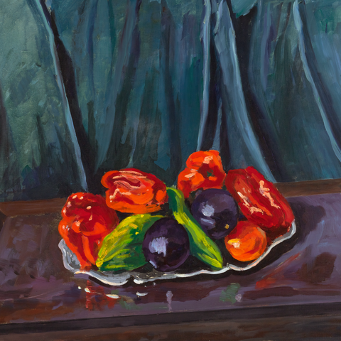 Still Life with Aubergines and Red Peppers on a Silver Tray by Winston Churchill