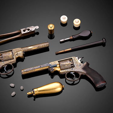 Pair of Gold and Silver-Inlaid Percussion Pistols by J.B. Hanquet of Liege