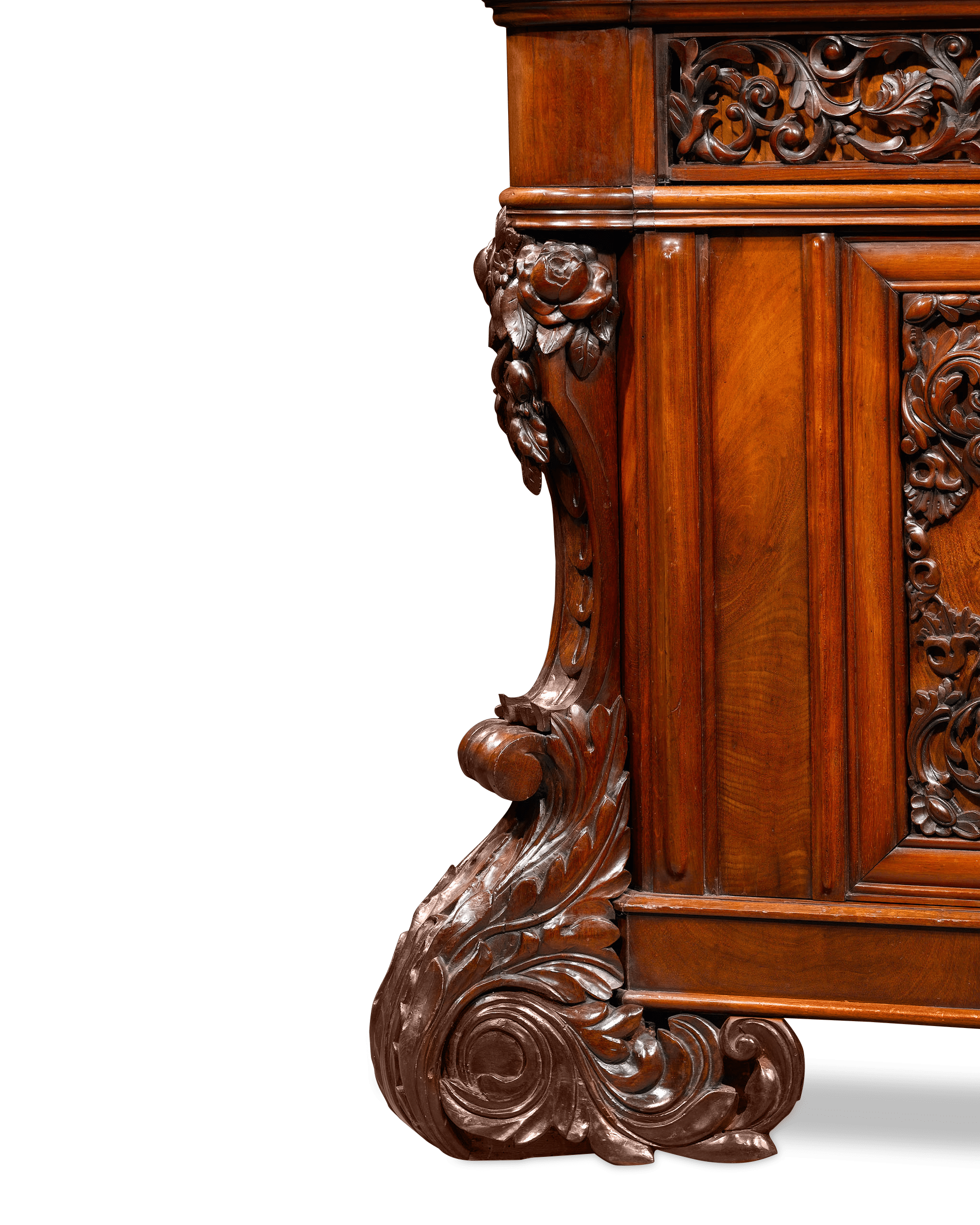 Robust acanthus-formed supports give this bureau bookcase balance and depth