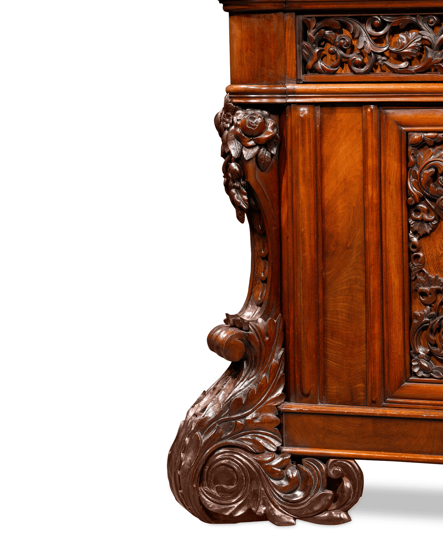 Robust acanthus-formed supports give this bureau bookcase balance and depth