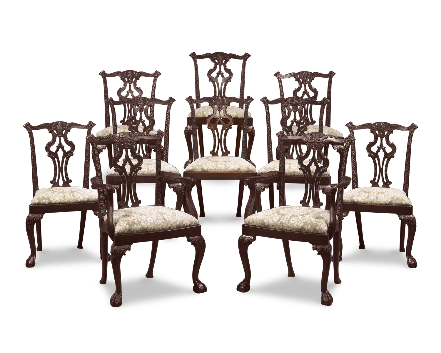 A beautiful, quality set of 10 Chippendale-style dining room chairs crafted of mahogany