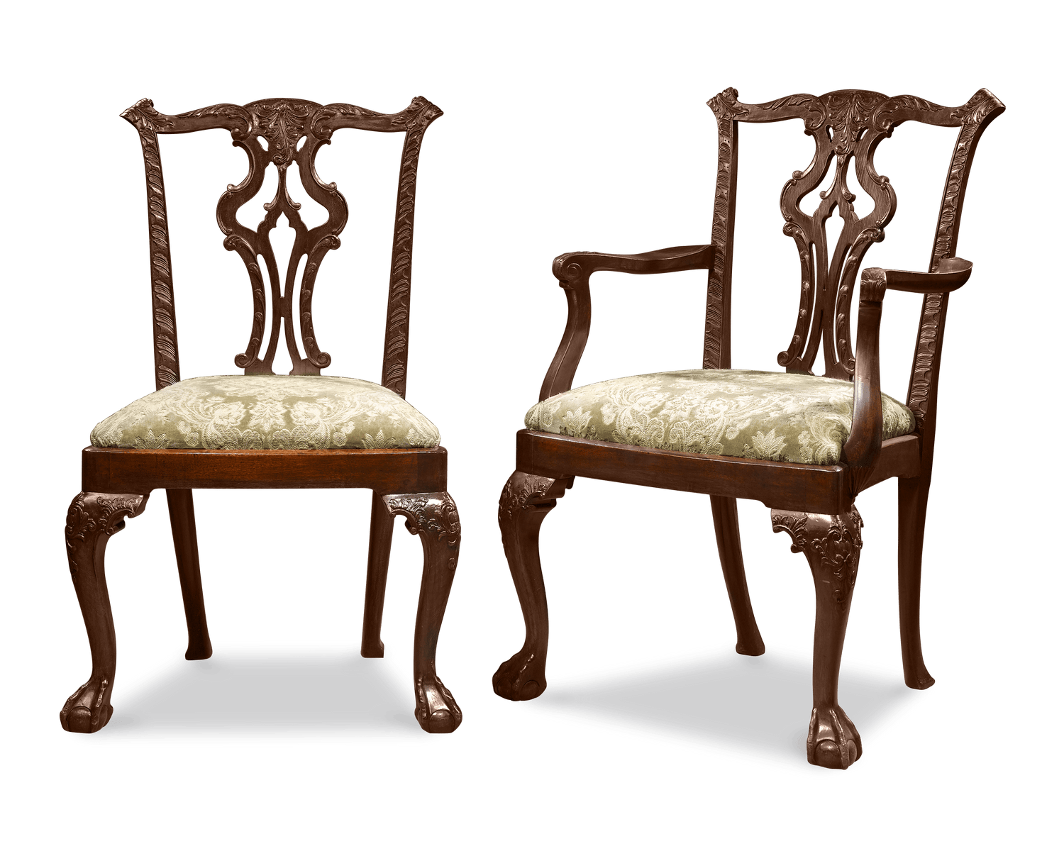 The set includes 8 side chairs and 2 armchairs with Chippendale signature carved ball and claw feet