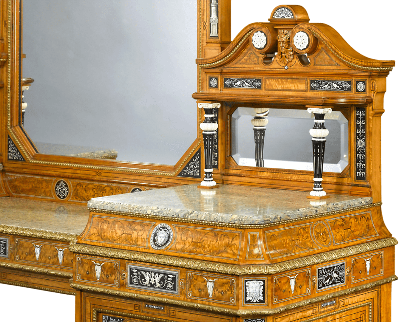 Sideboard features satinwood, etched ivory, ebony, marble and doré bronze of superior quality