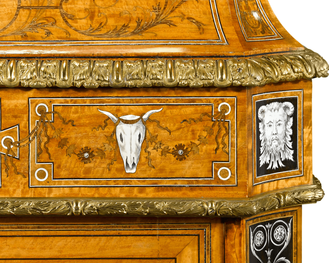 The intricate inlay displayed on this side cabinet is the work of an accomplished artisan