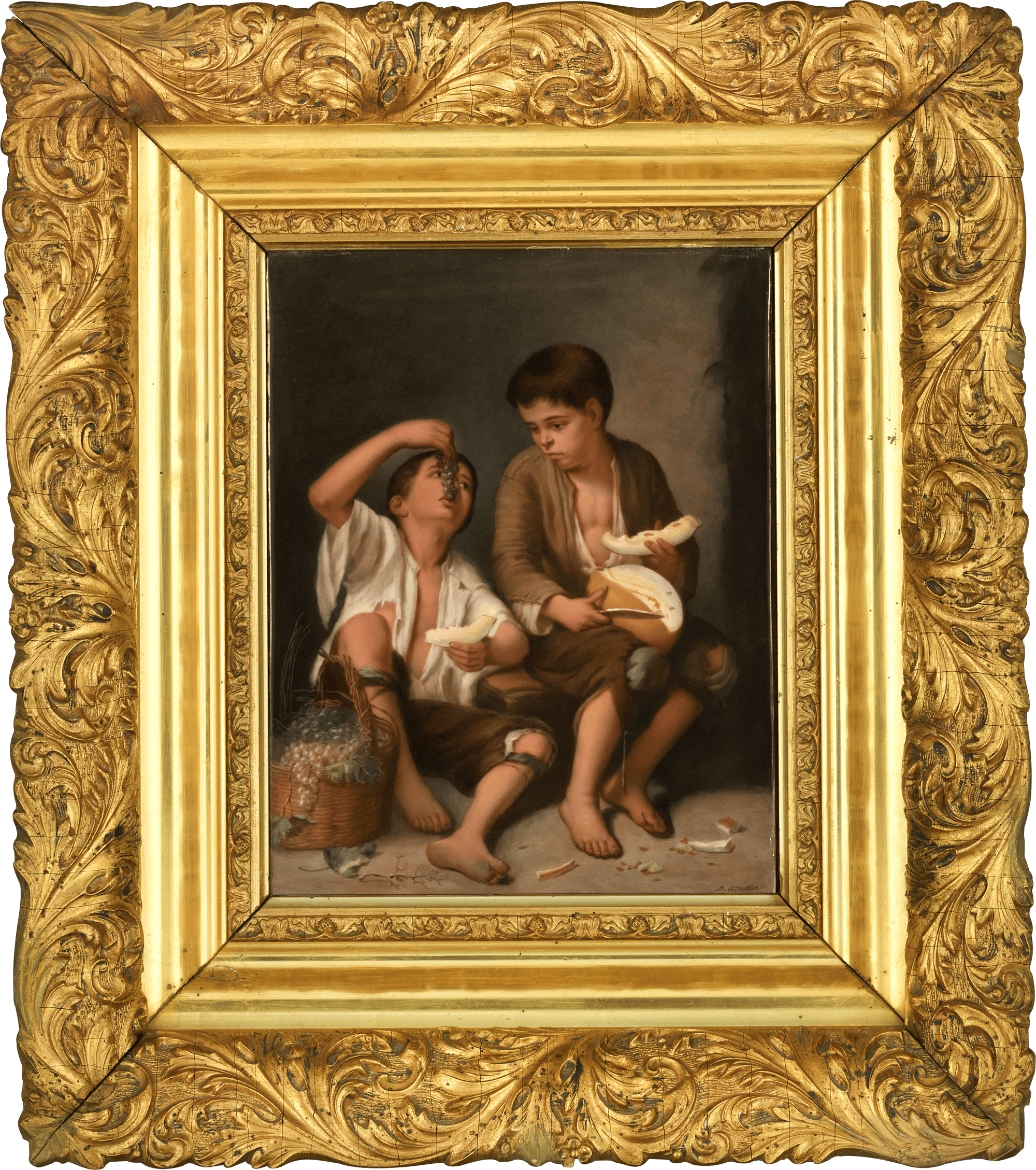 This highly detailed KPM painting on porcelain is entitled Grape and Melon Eaters