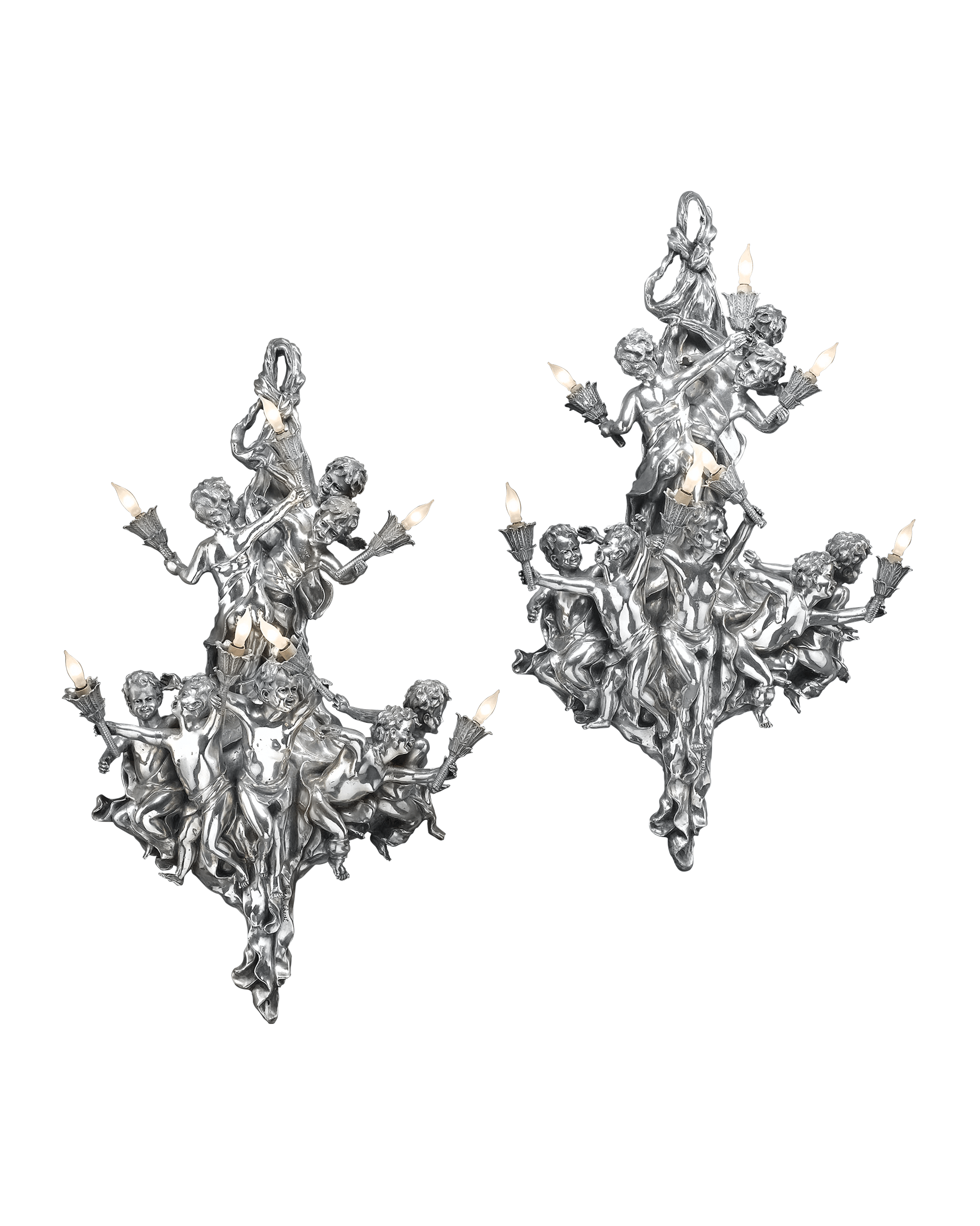 These exceptionally rare silver-over bronze sconces were crafted by Gustave Joseph Chéret