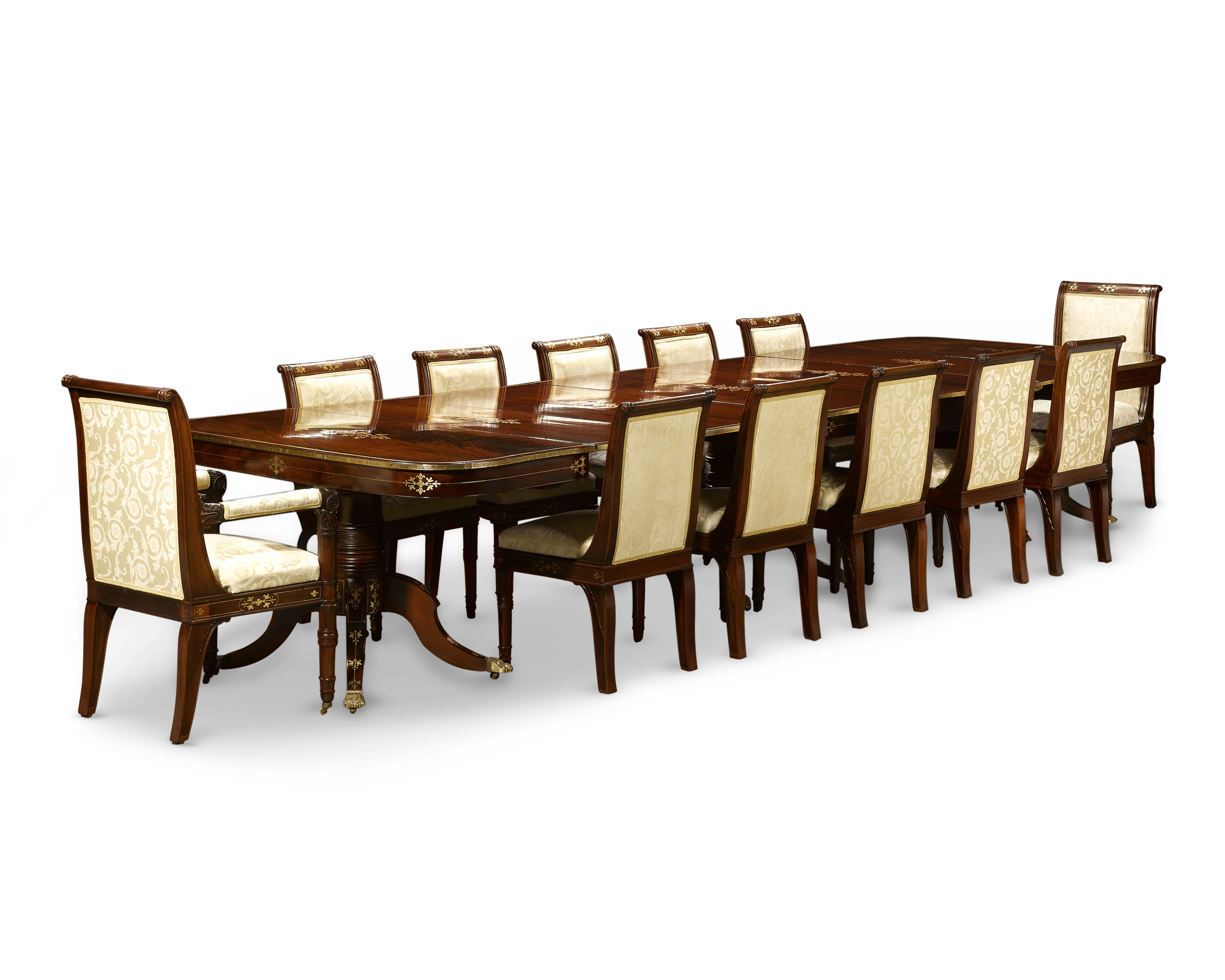 Rare and complete American Federal dining room suite crafted of mahogany and inlaid with brass