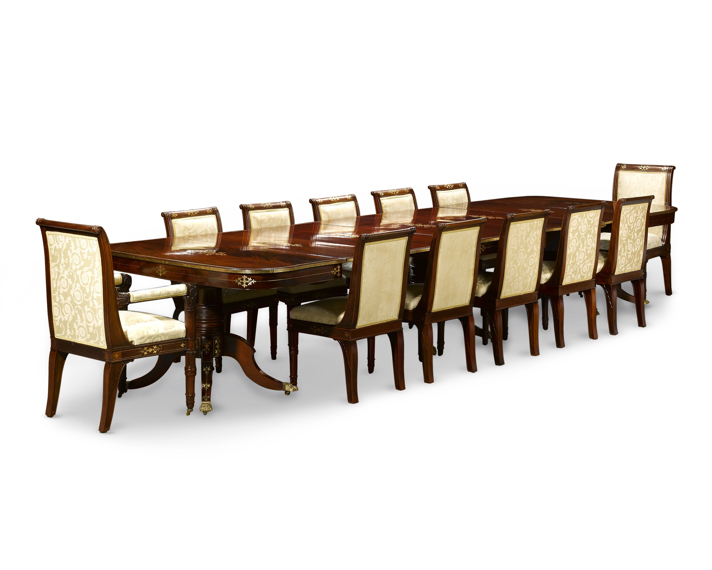 Rare and complete American Federal dining room suite crafted of mahogany and inlaid with brass