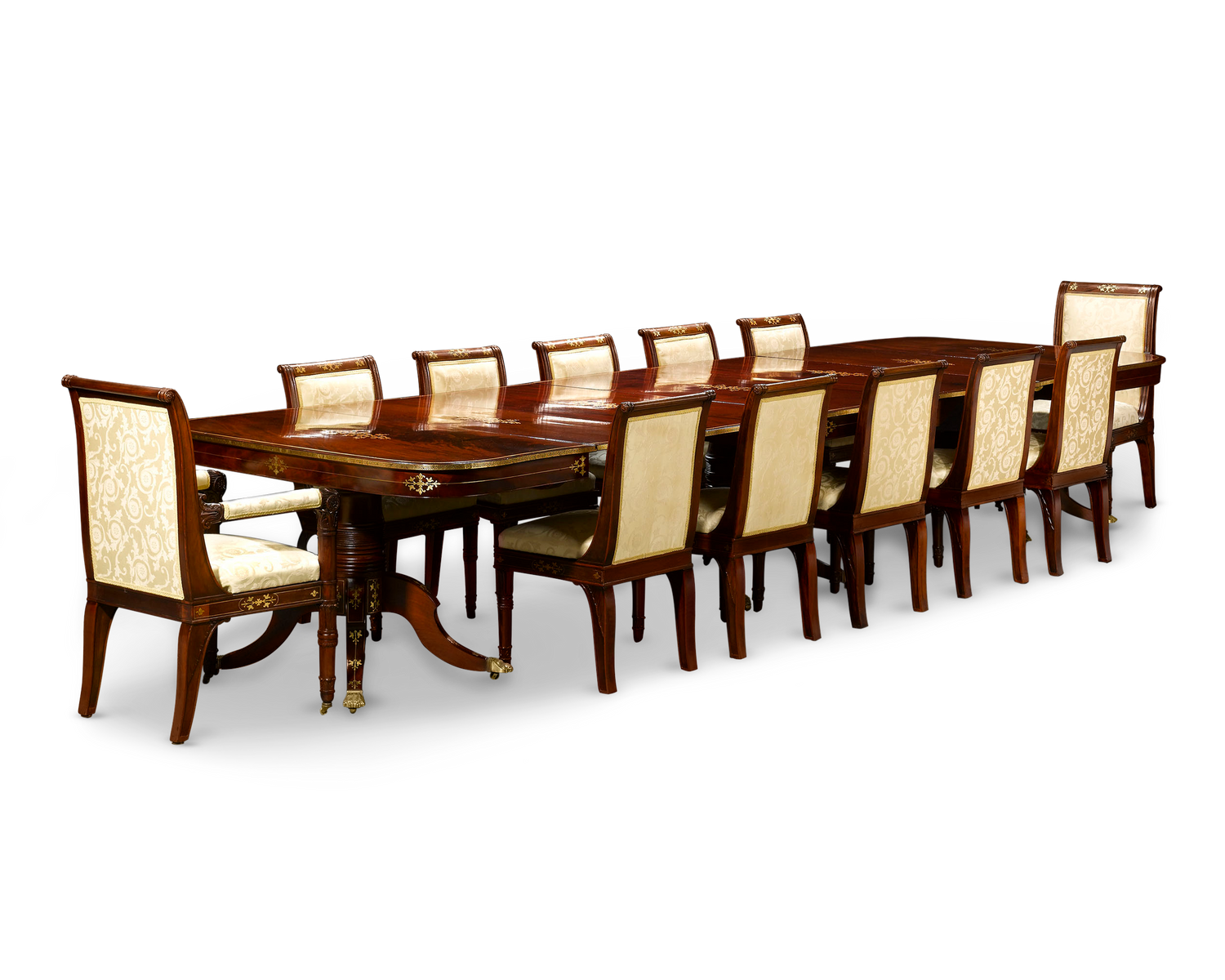 Rare and complete American Federal dining room suite crafted of mahogany and inlaid with brass