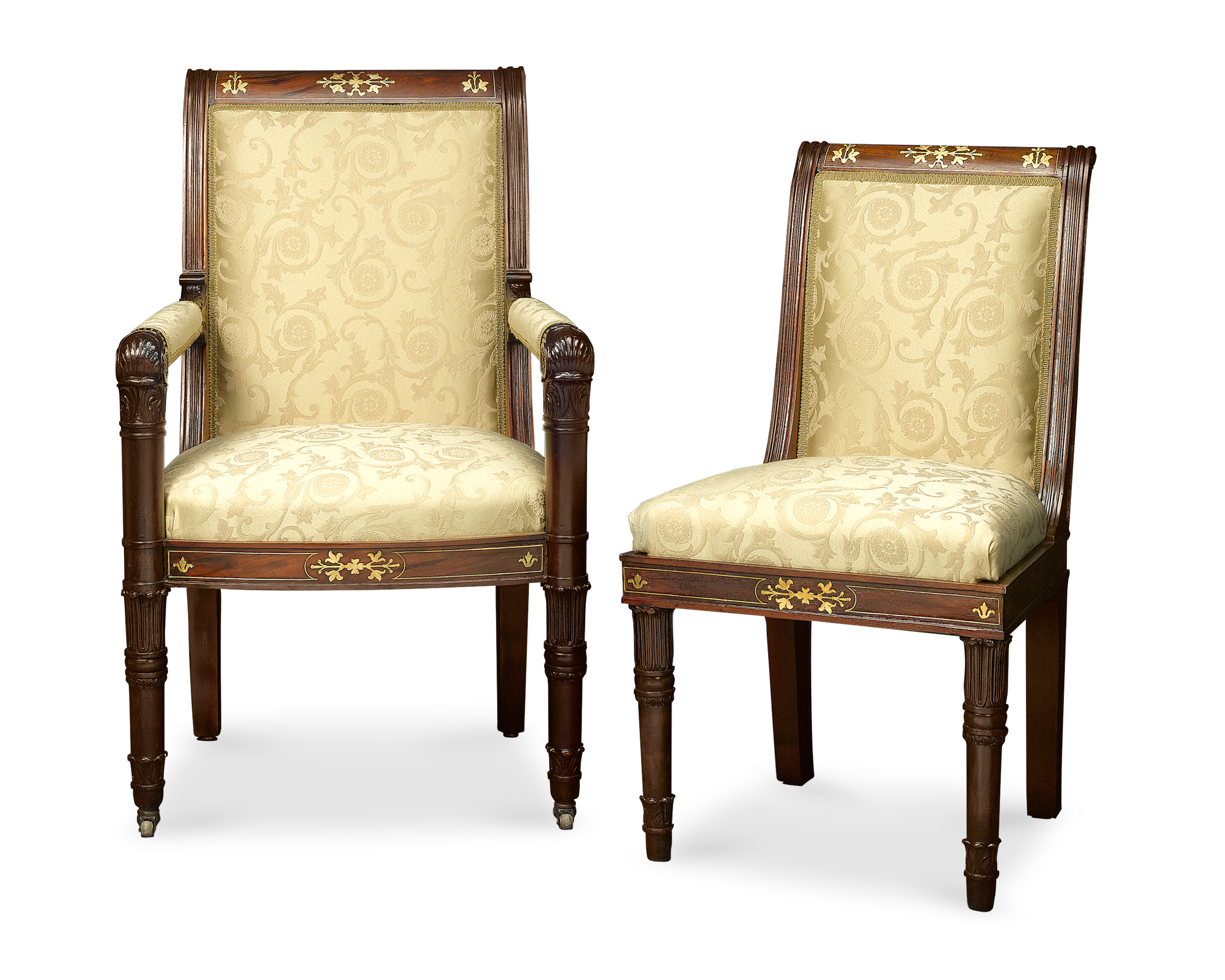 The 12 stately Neoclassical chairs are all upholstered in rich, cream-colored brocade