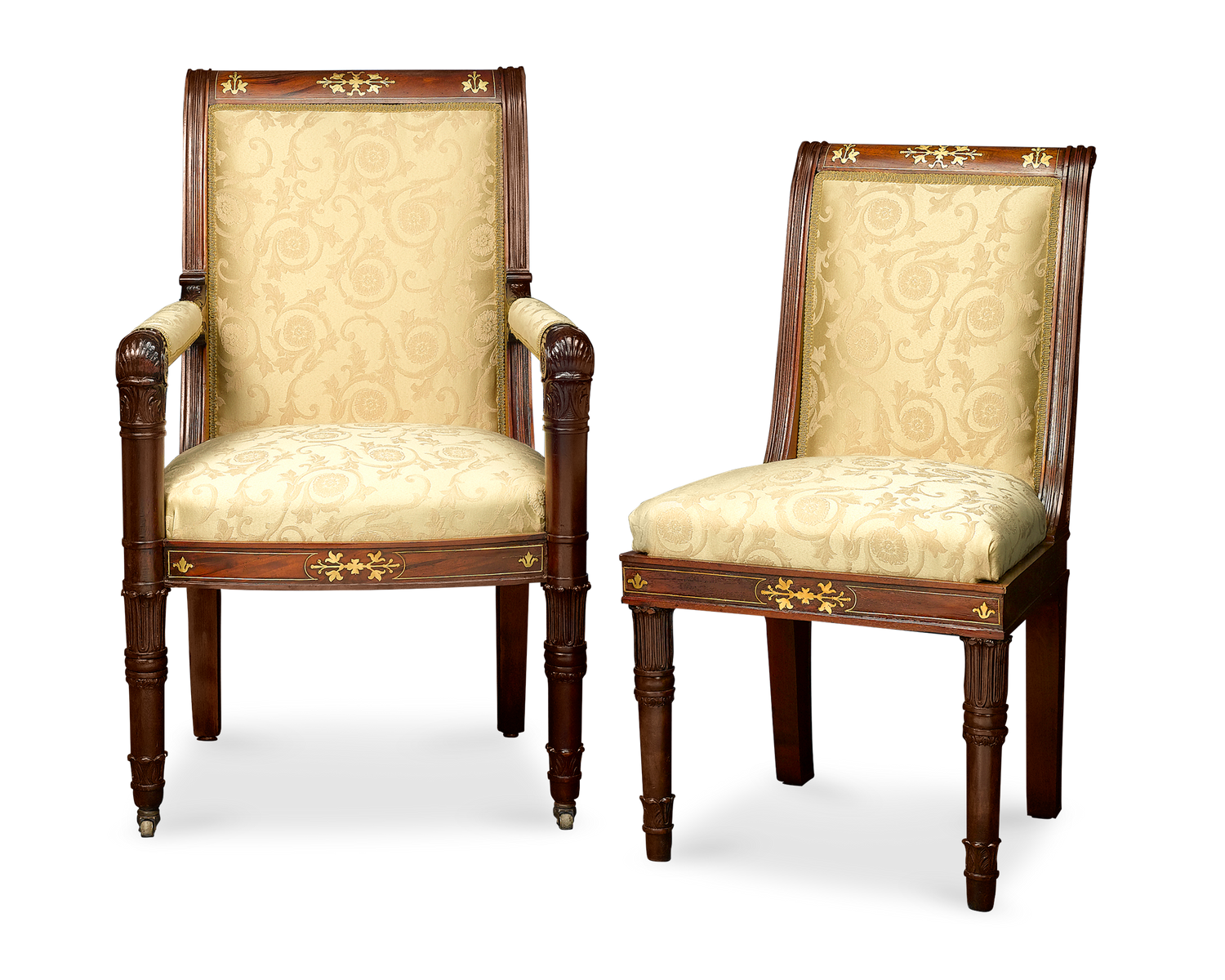 The 12 stately Neoclassical chairs are all upholstered in rich, cream-colored brocade