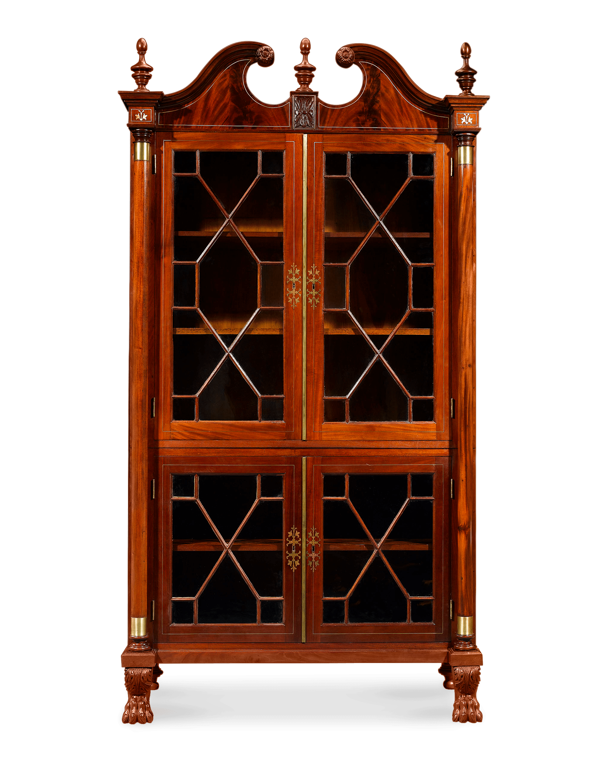 Set includes a classical American Federal 4 door breakfront with swan’s neck cresting