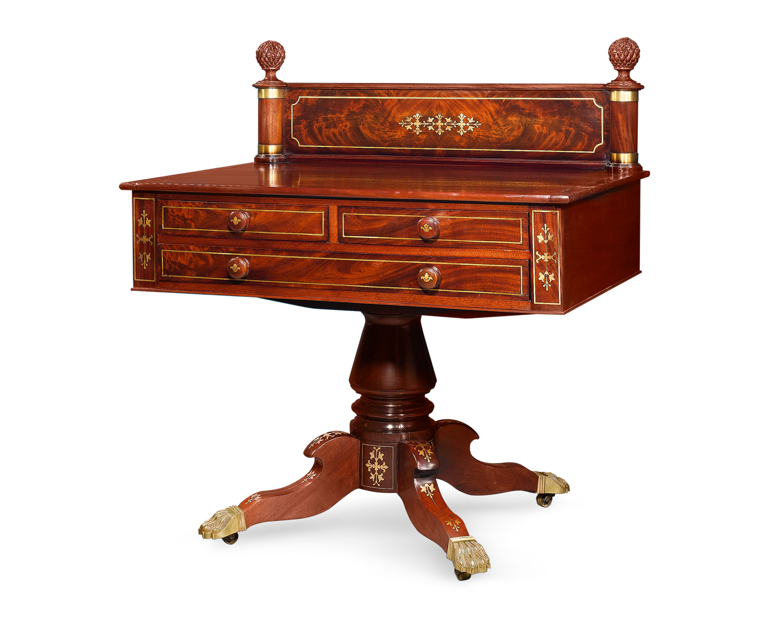 A classic and traditional server with a pedestal base boasts exceptional craftsmanship