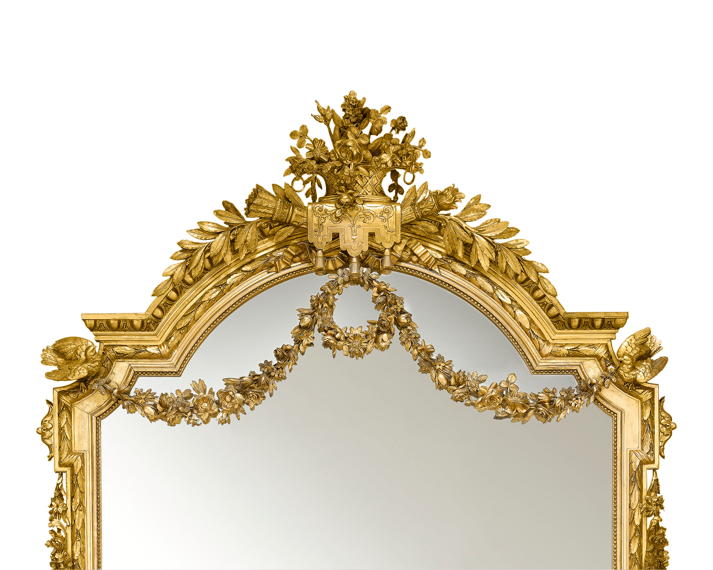 The carved giltwood frame features garlands, doves, flowers and Apollo's torch