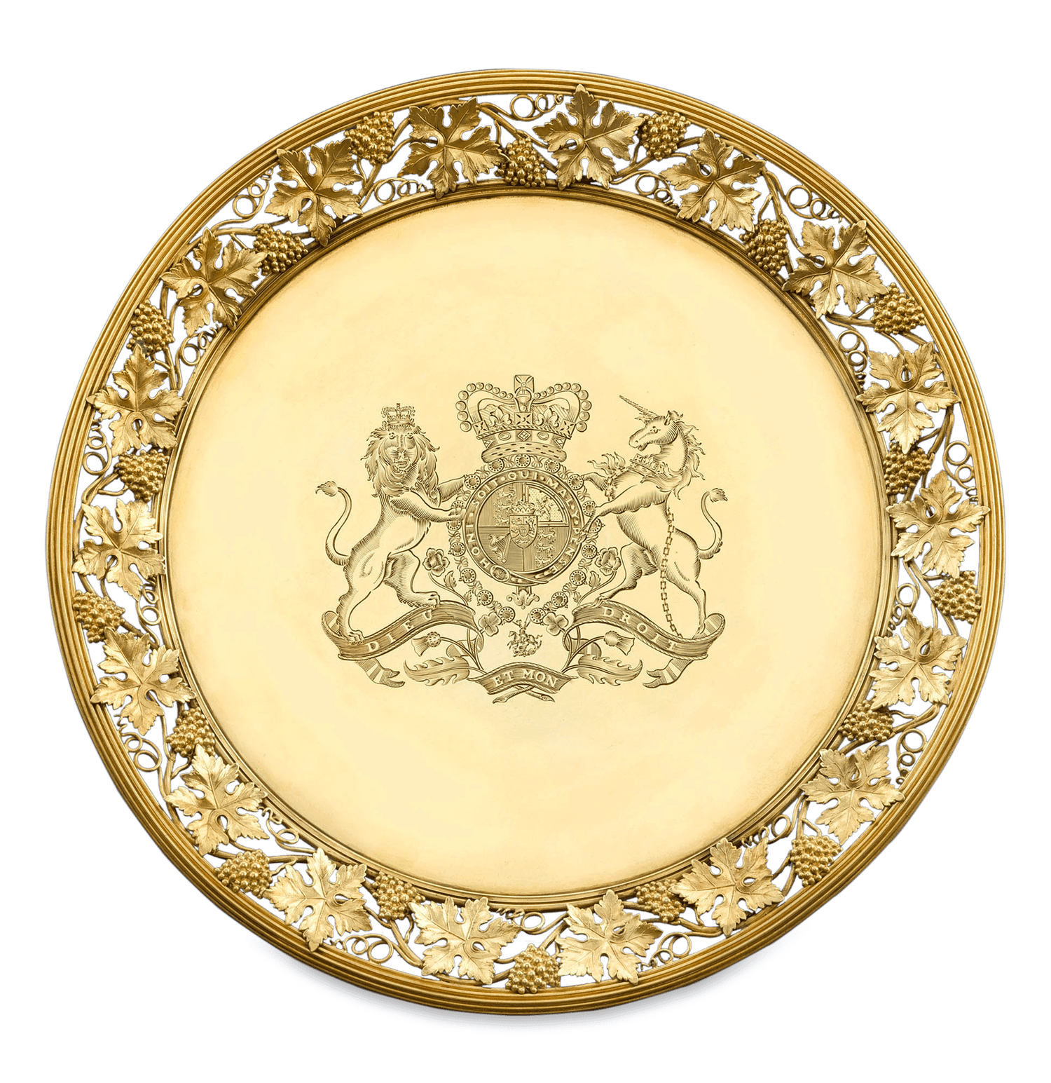 These impeccable plates are distinguished by their extraordinary pierced grapevine design