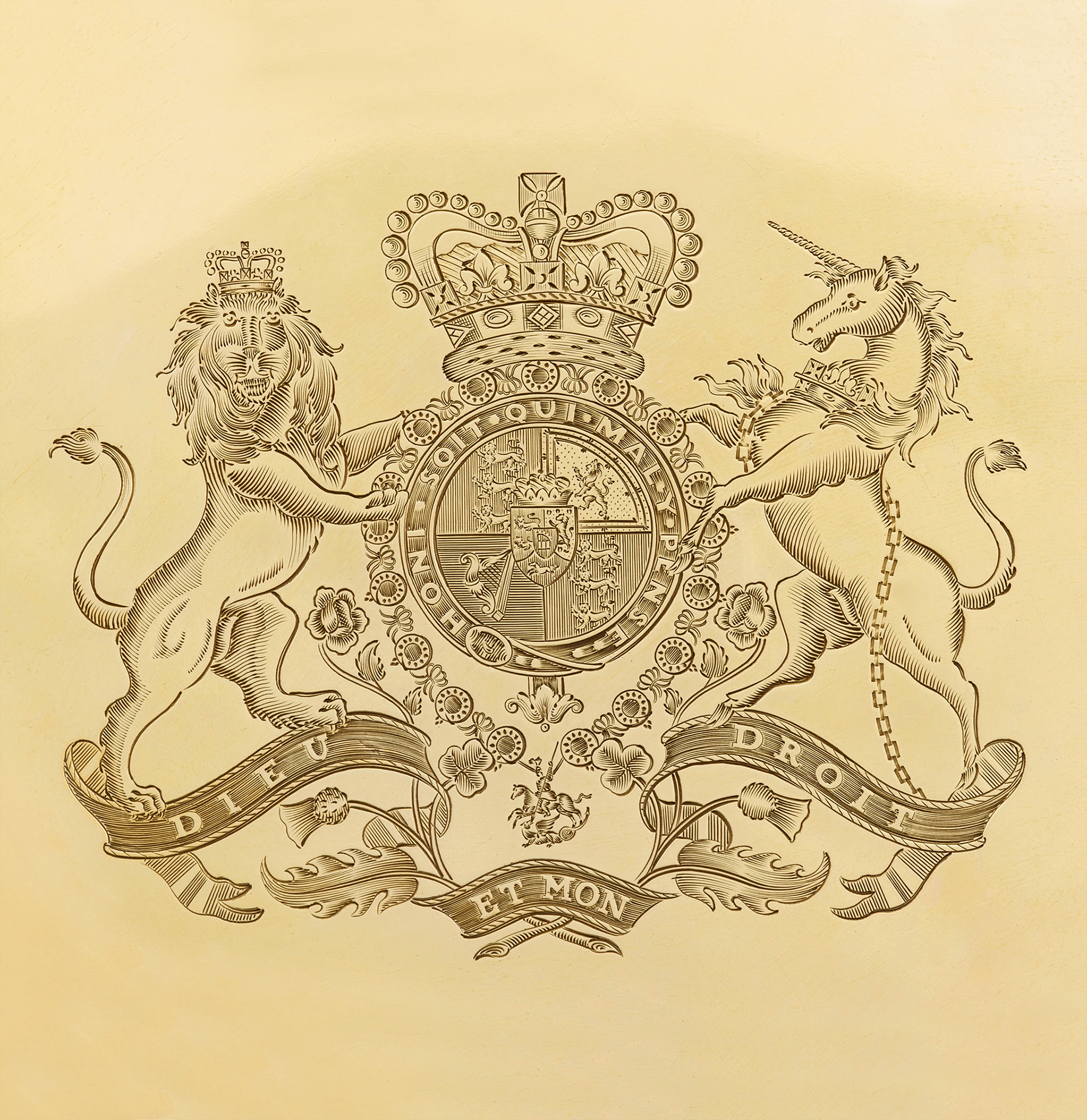 The finely engraved Royal Coat-of-Arms graces the center of each tazza