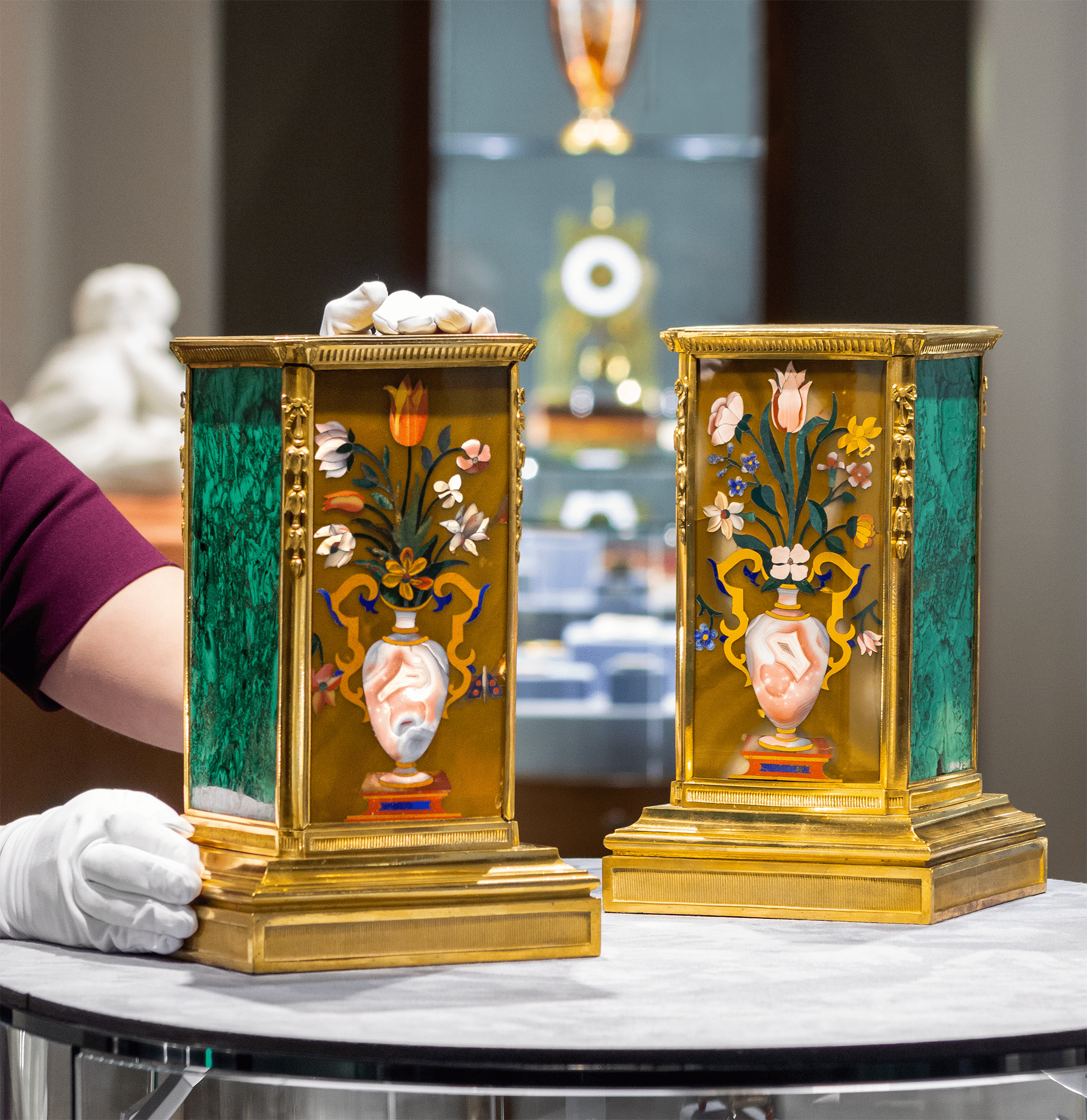 Russian Malachite and Pietre Dure Plinths