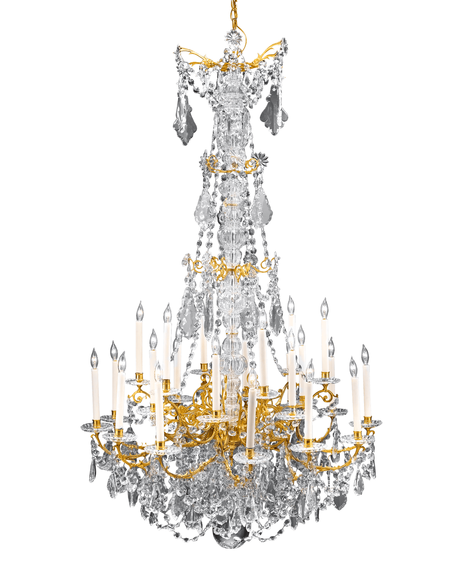 Hundreds of crystal beads swag from twenty-four lustrous doré bronze branches
