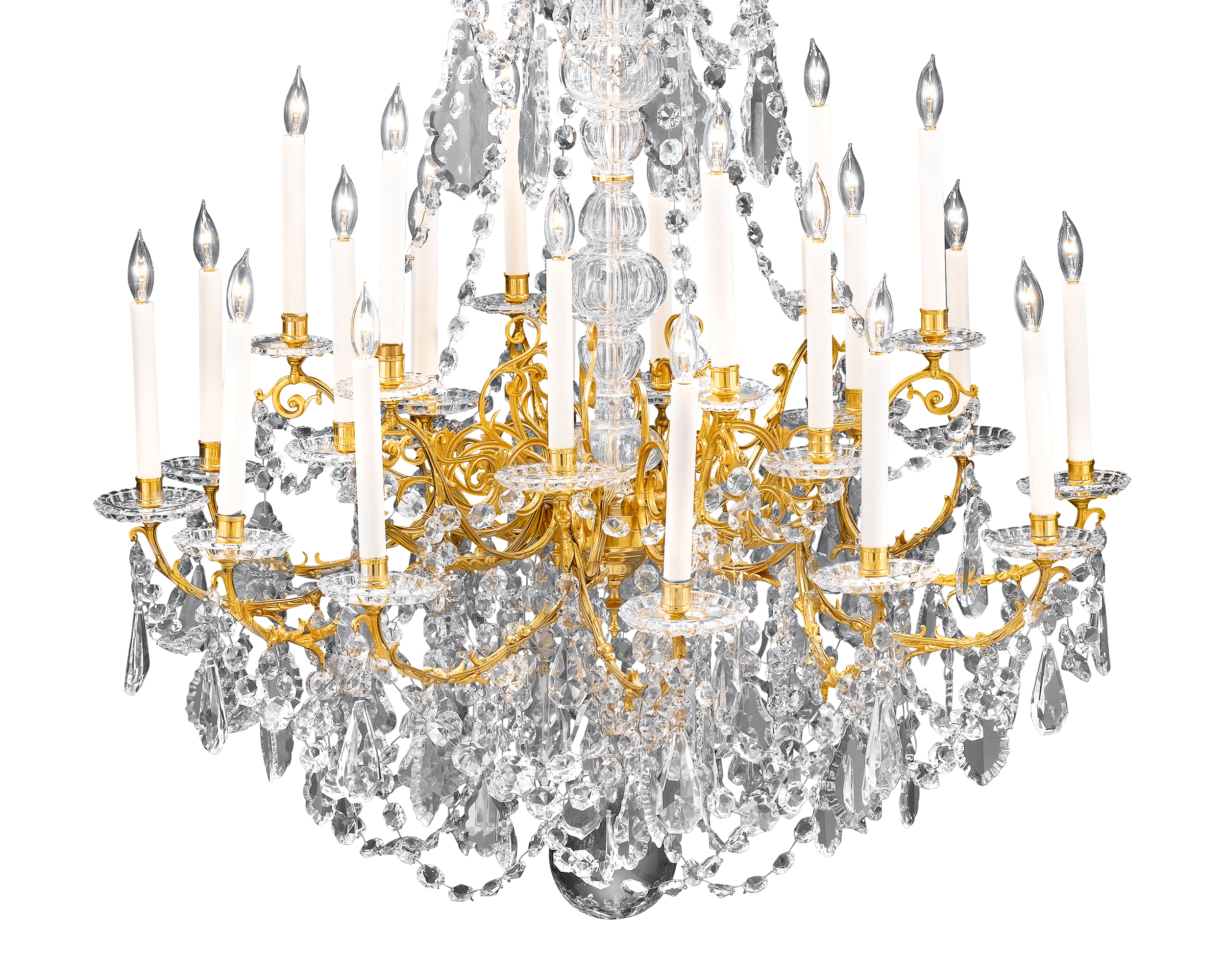 Elegant crystal lusters and bobeches reflect an abundant amount of light