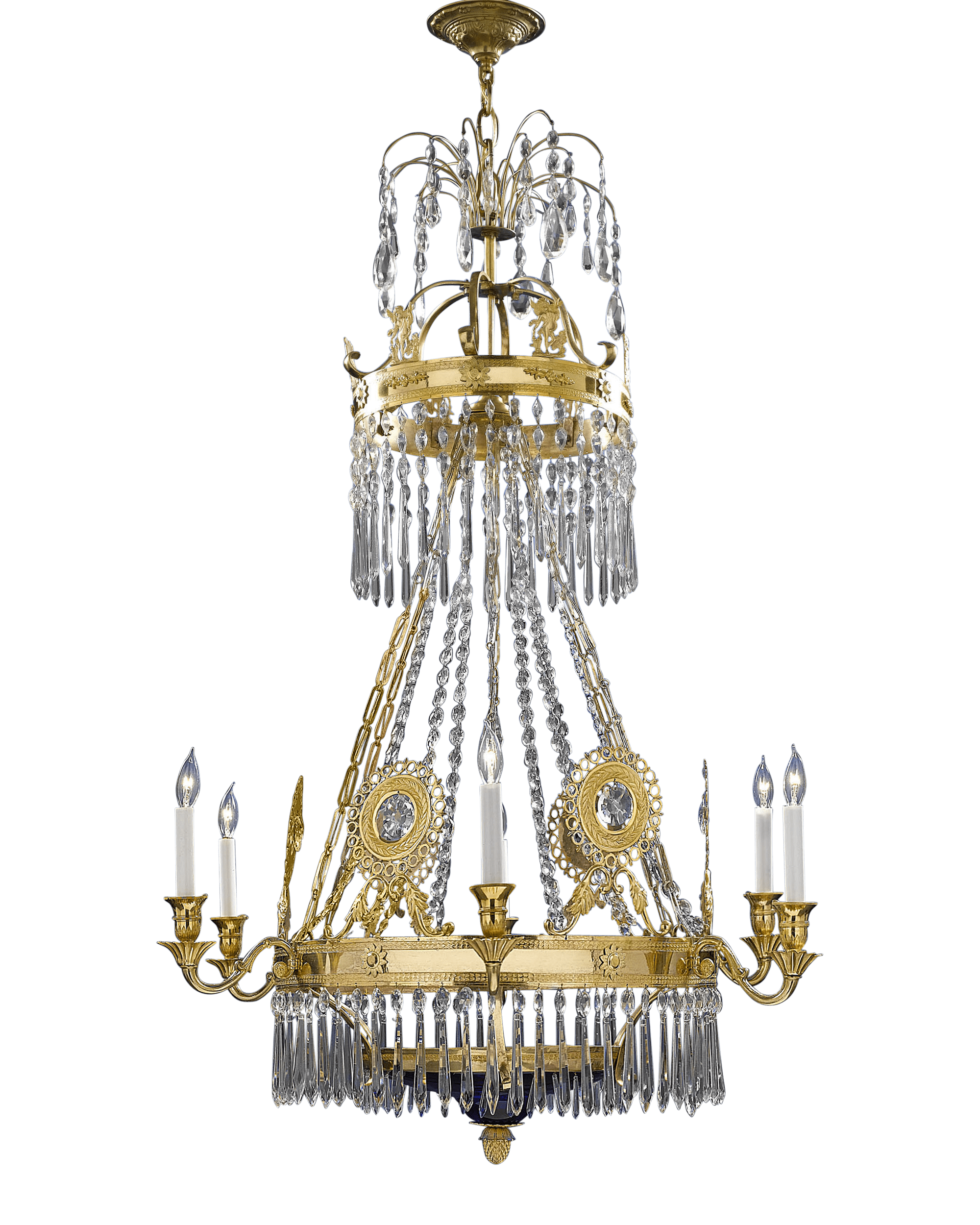 This six-light chandelier is an outstanding example of Russian glass and bronze work