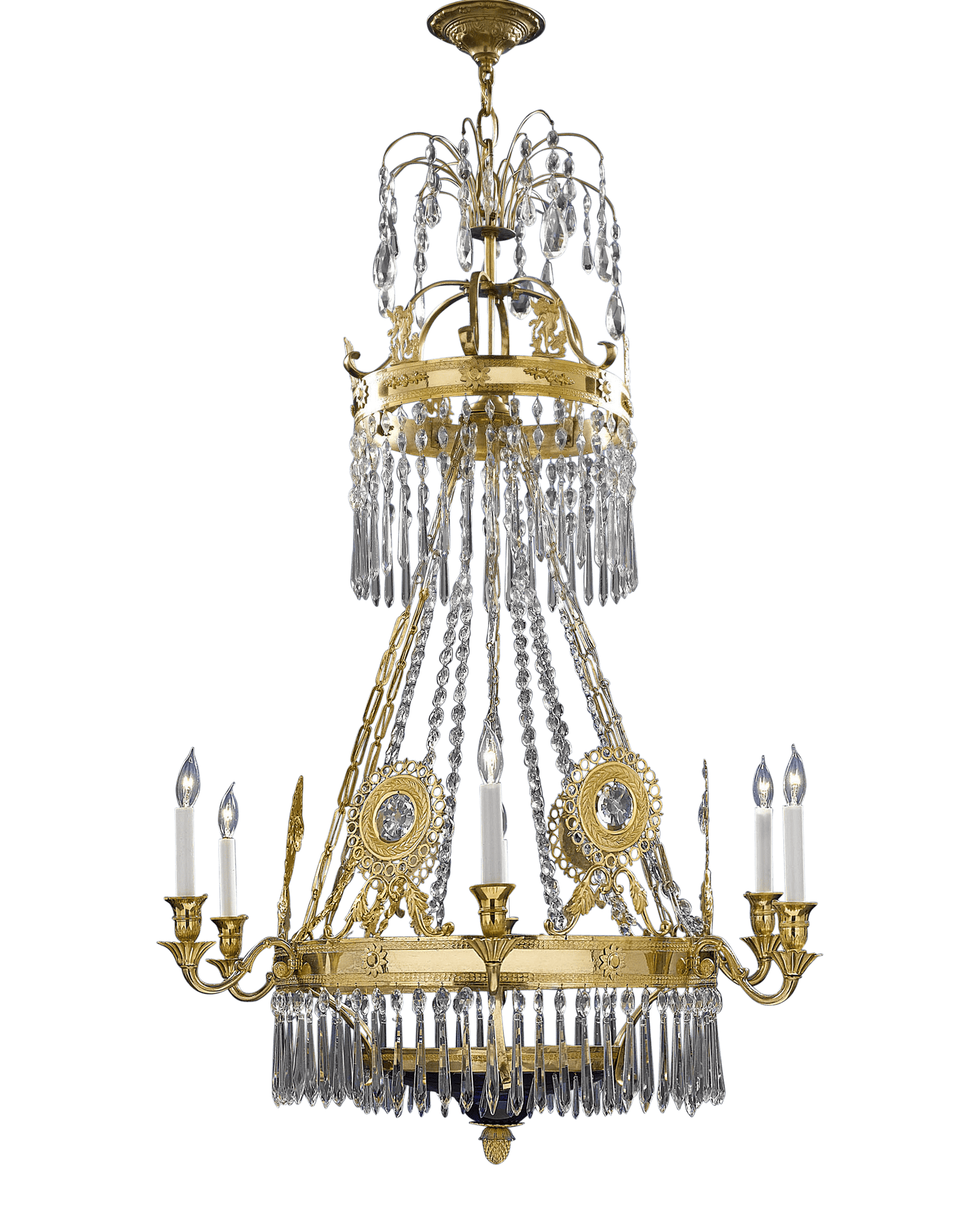 This six-light chandelier is an outstanding example of Russian glass and bronze work