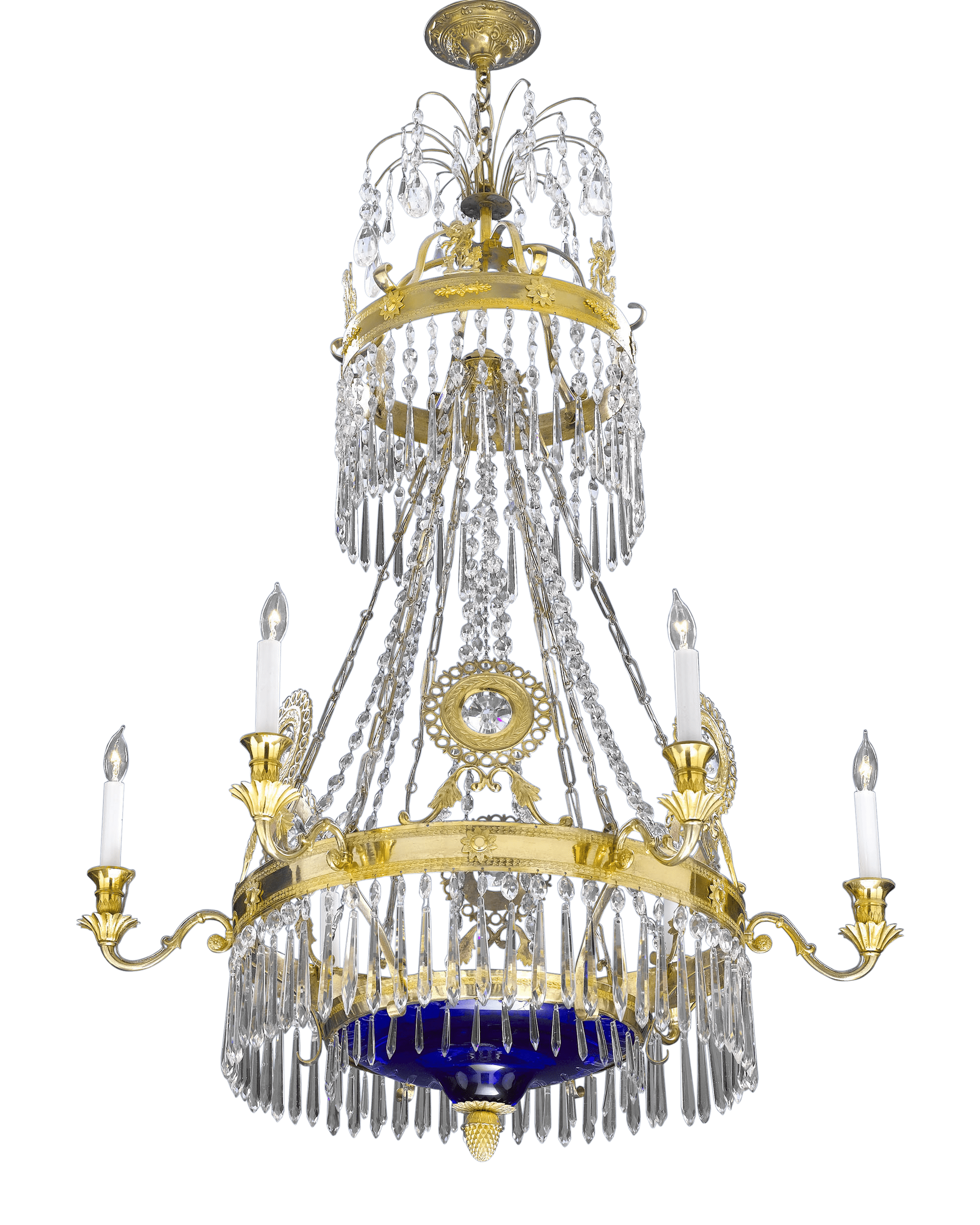 Accented with a central blue glass pendant, this chandelier radiates elegance
