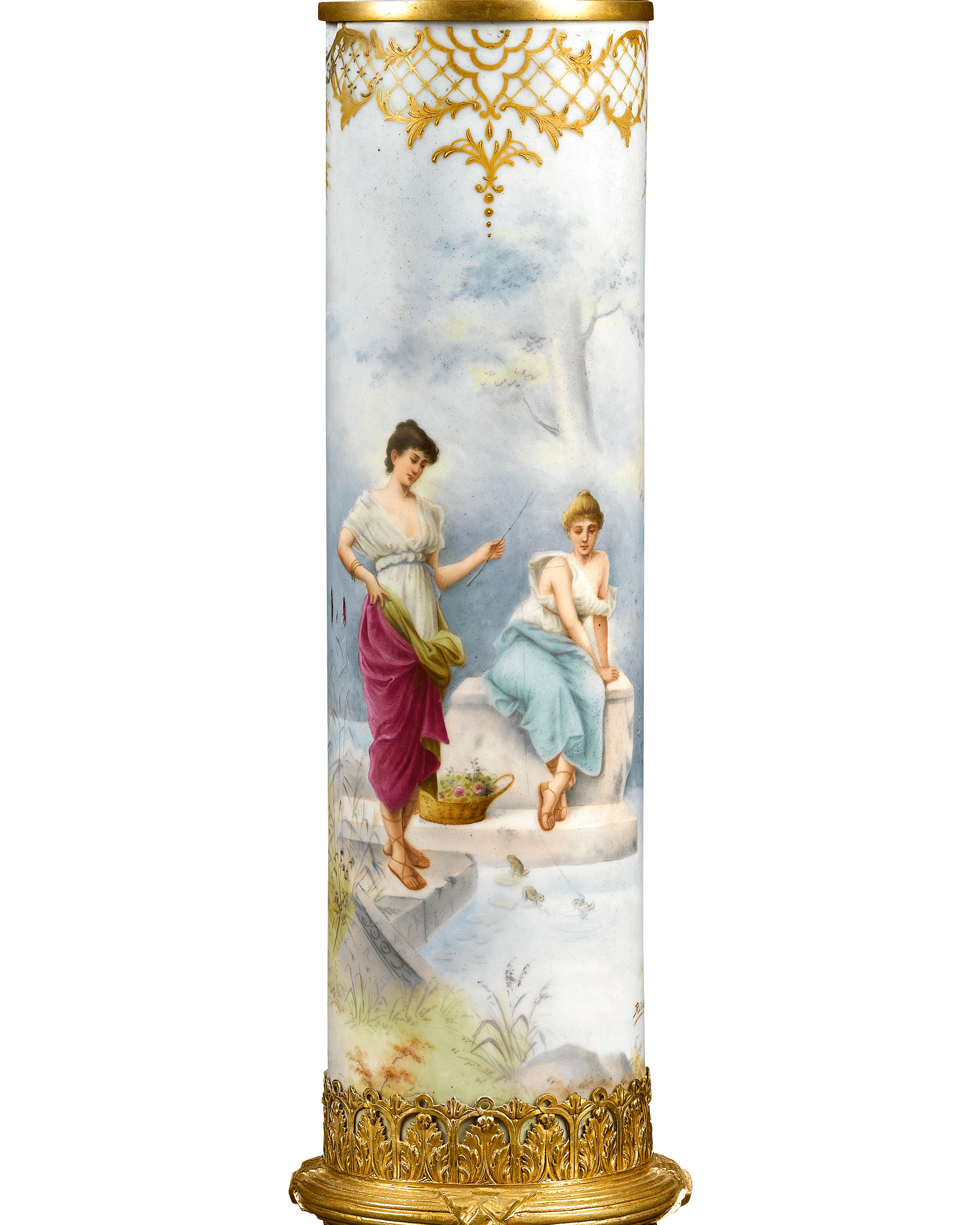 Hand-painted porcelain envelopes the length of the column