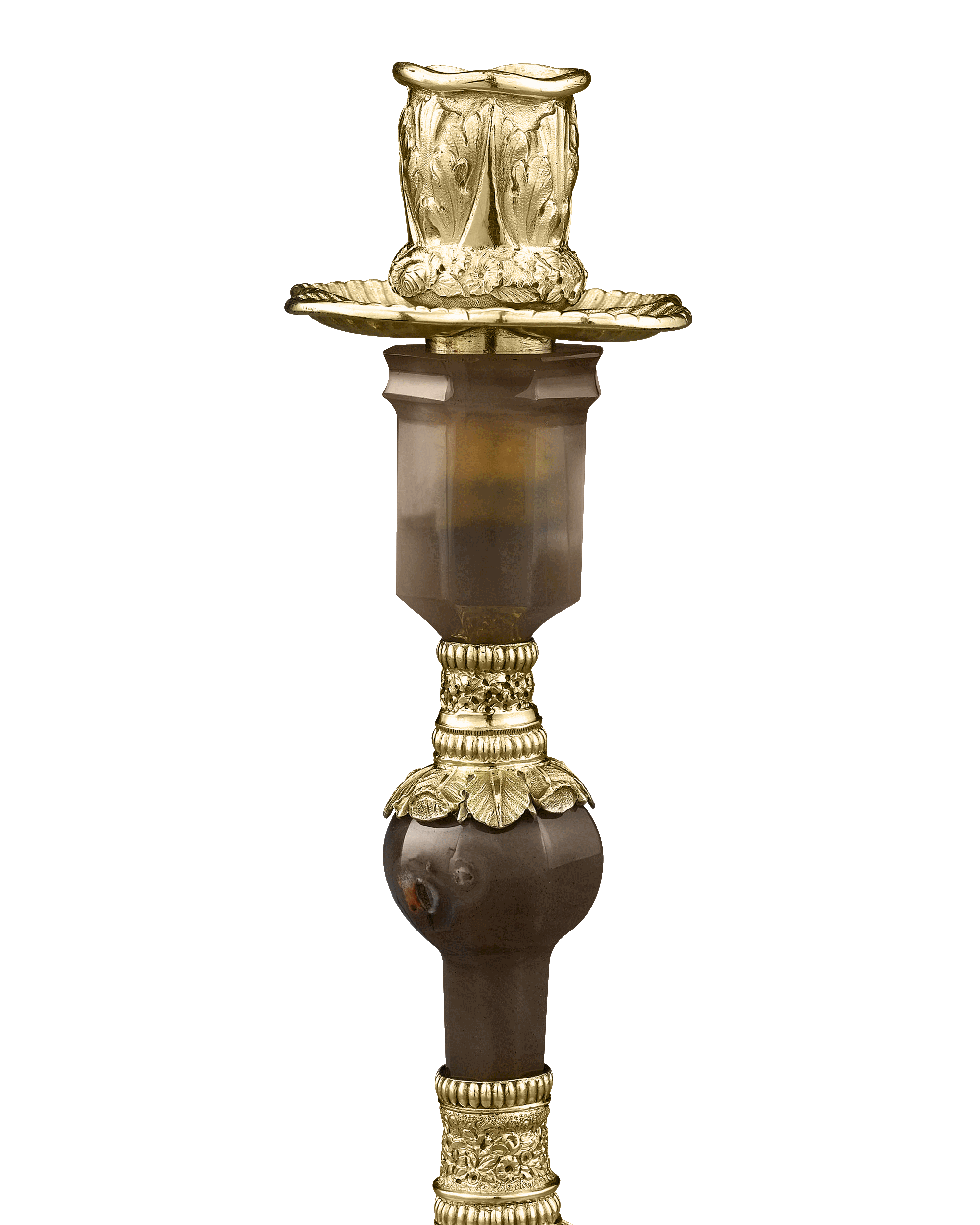 The alluring Rococo design pairs rare and desirable agate with lustrous gilt silver
