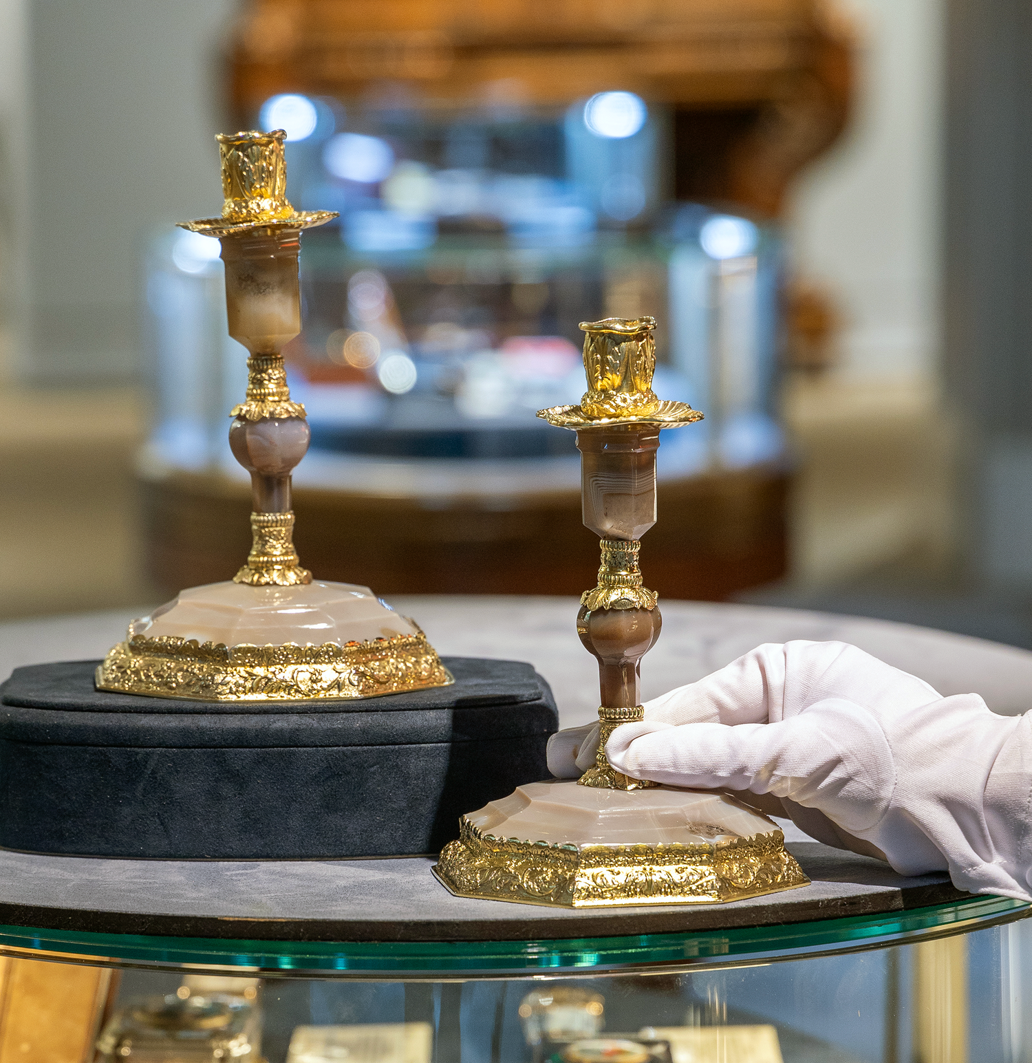 George IV Silver Gilt and Agate Candlesticks by Edward Farrell