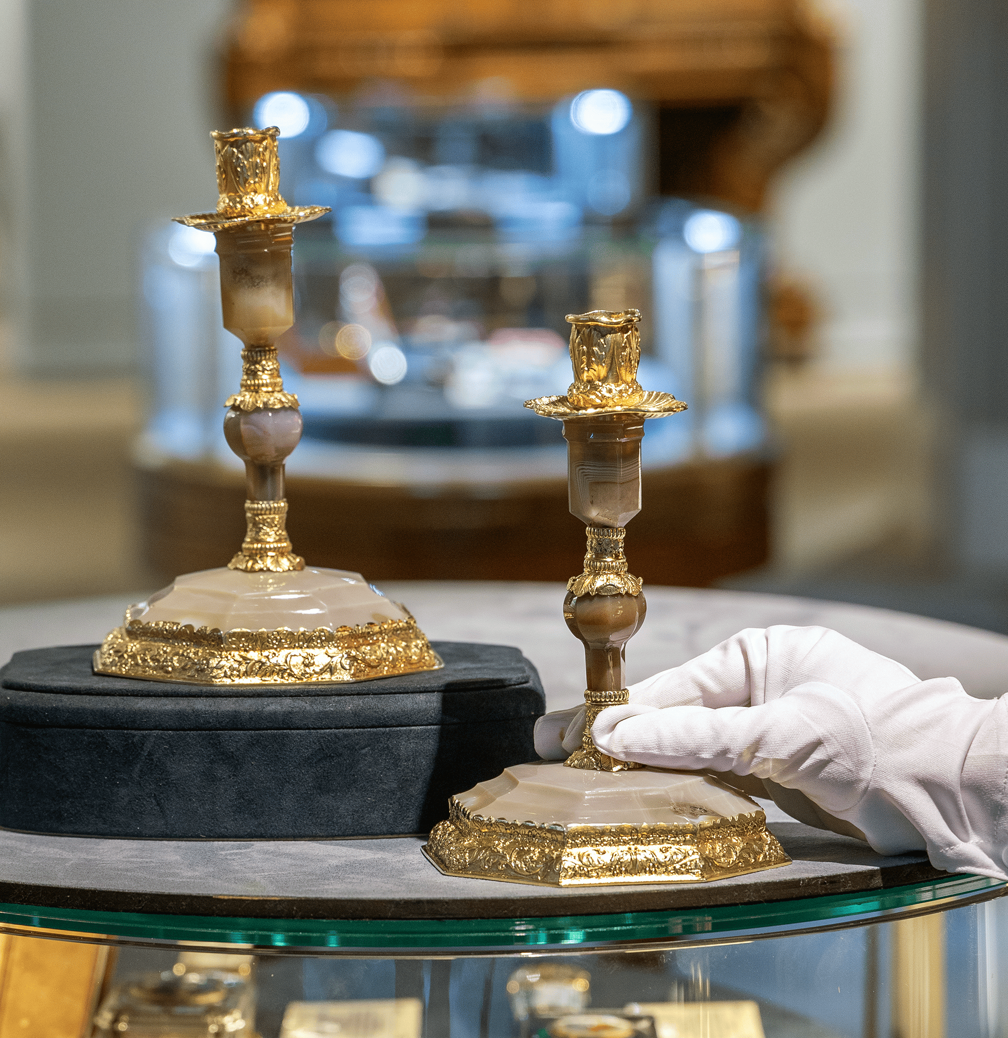 George IV Silver Gilt and Agate Candlesticks by Edward Farrell