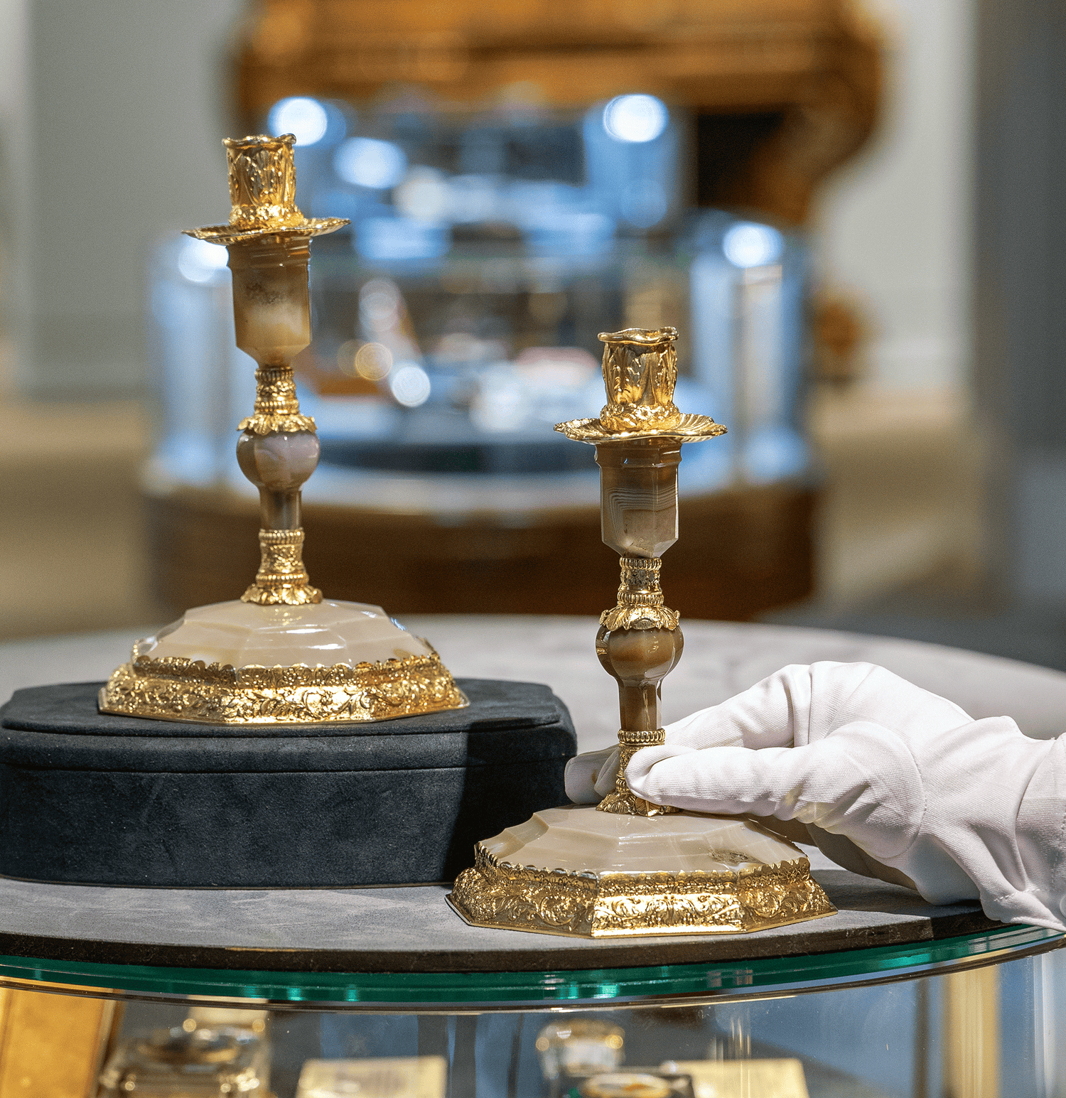 George IV Silver Gilt and Agate Candlesticks by Edward Farrell