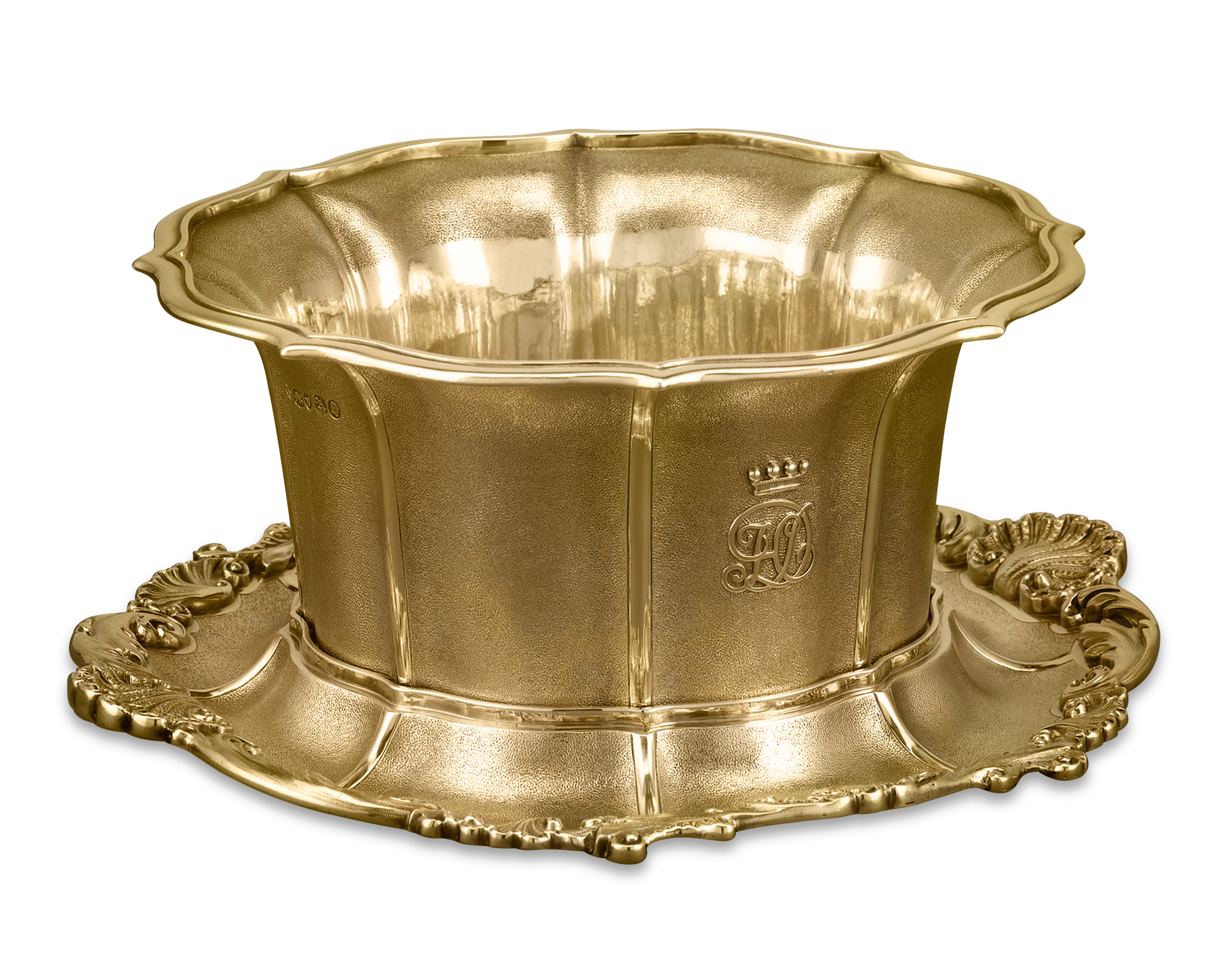 This elegant silver-gilt bowl features textured sides and intricate applied decoration