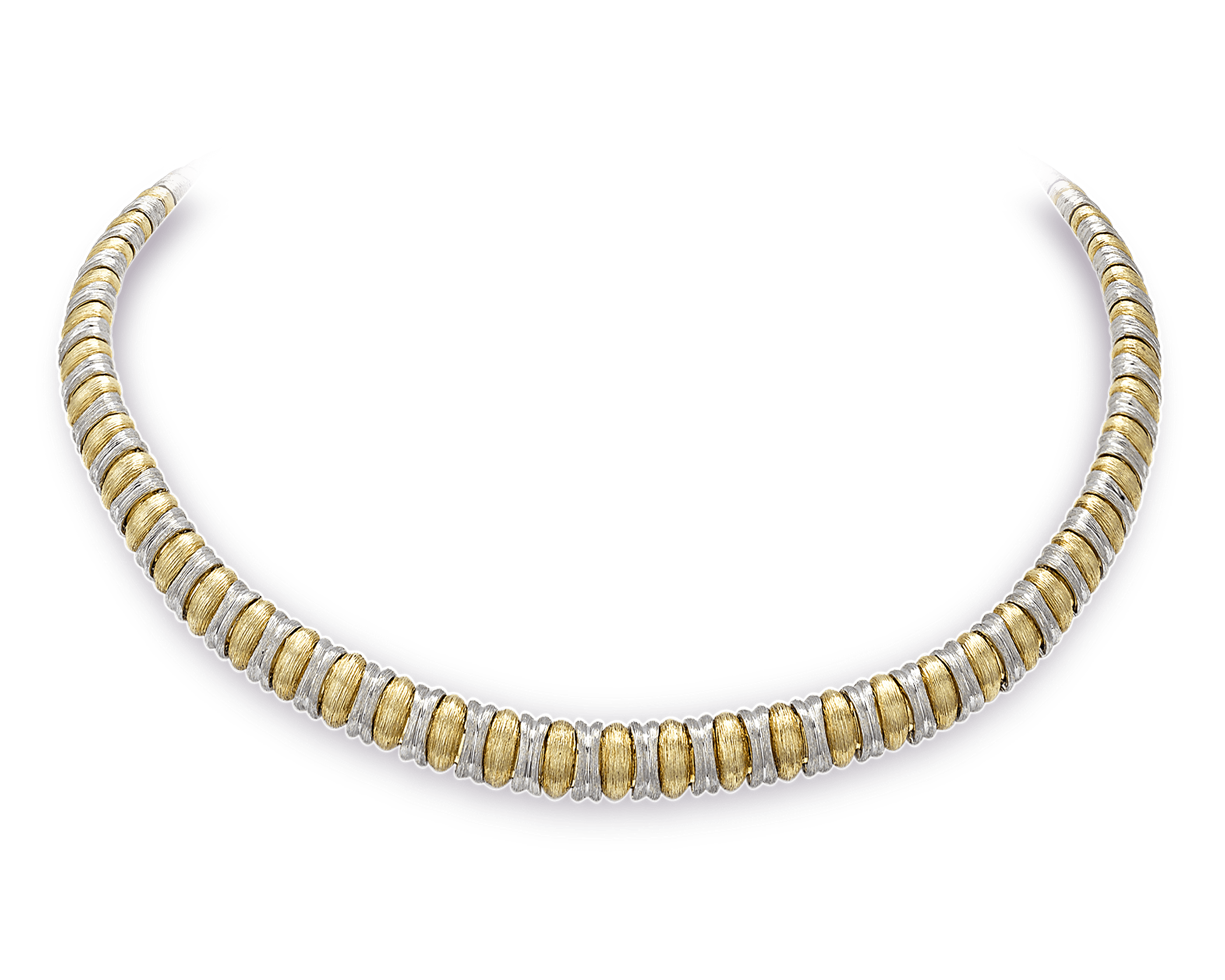 This immaculate Henry Dunay necklace features beads of brushed platinum and gold