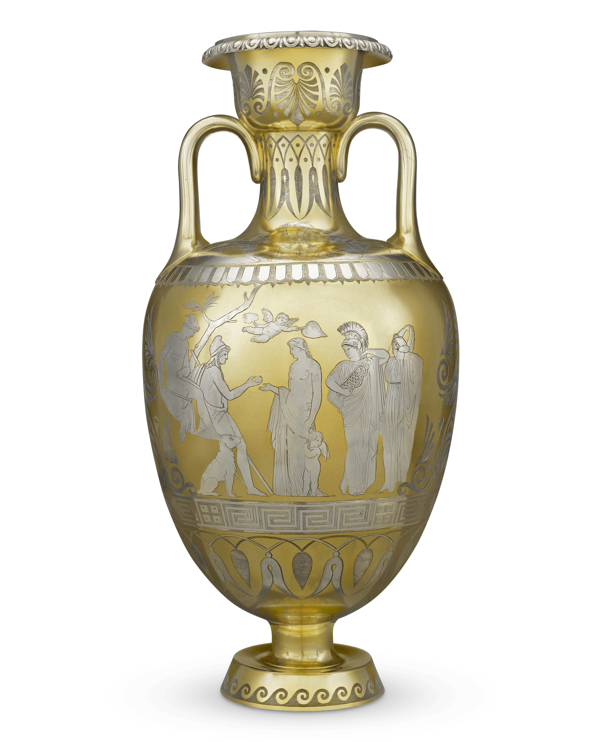 This magnificent Victorian silver urn exhibits exceptional parcel-gilding