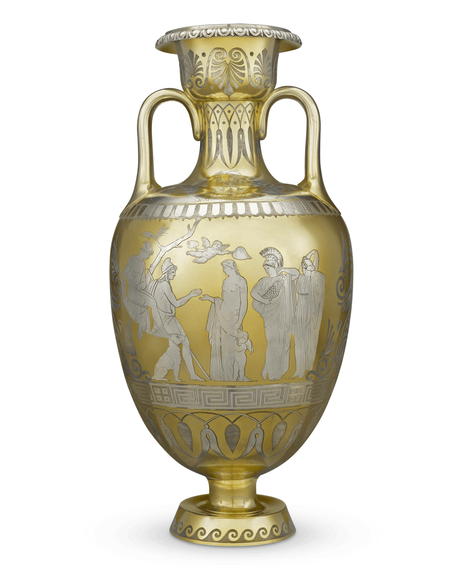 This magnificent Victorian silver urn exhibits exceptional parcel-gilding